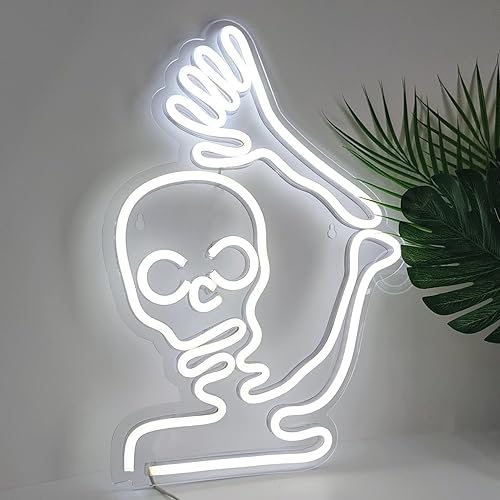 Miniatura 3 de Britrio Decoración de Halloween con diseño de calavera de Halloween, letrero de neón LED, esqueleto para pared, luz decorativa para ventana,