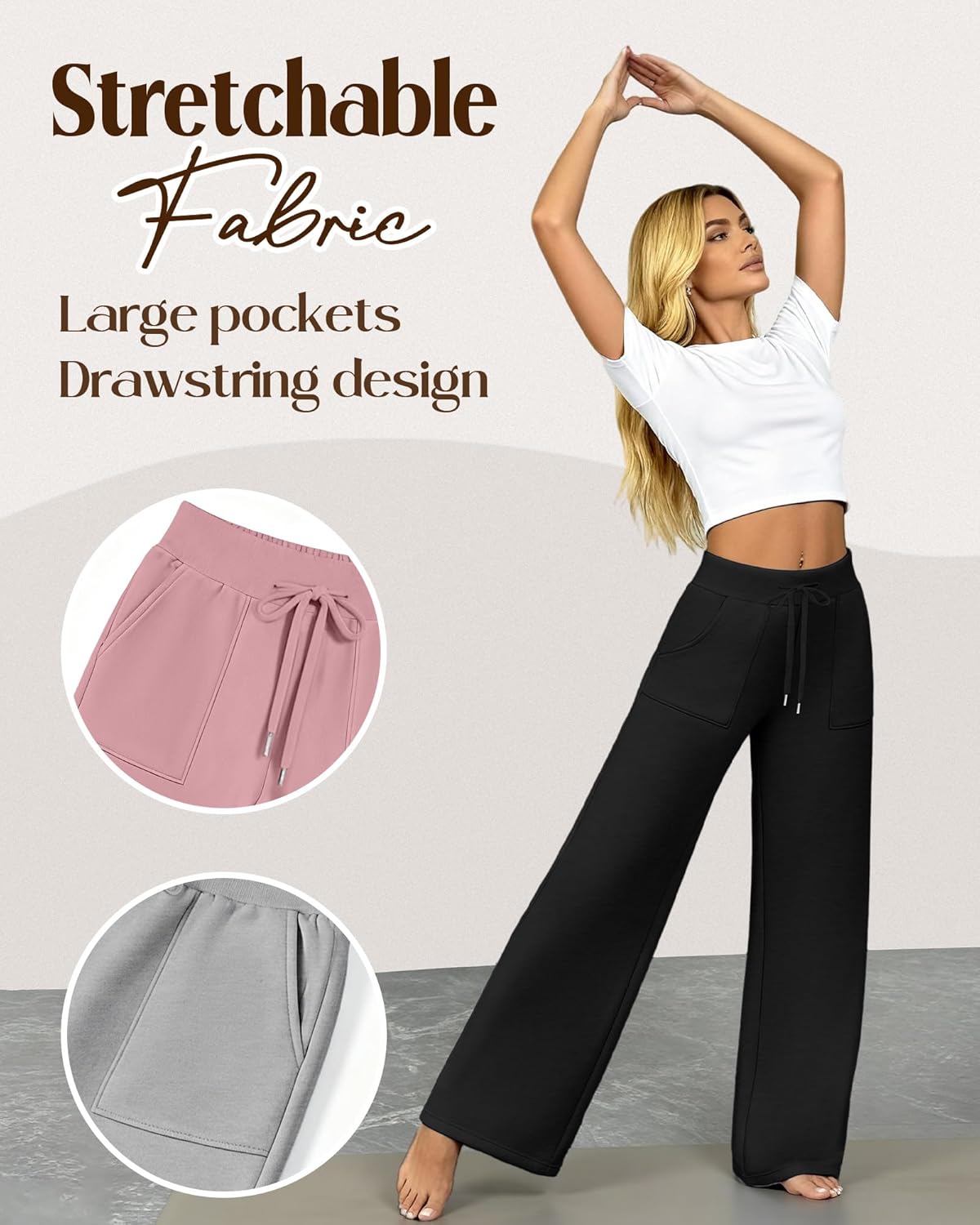 3 Pack Women's Wide Leg Sweatpants Baggy Workout High Waist Drawstring Jogger Casual Yoga Pants with Pocket - Image 5