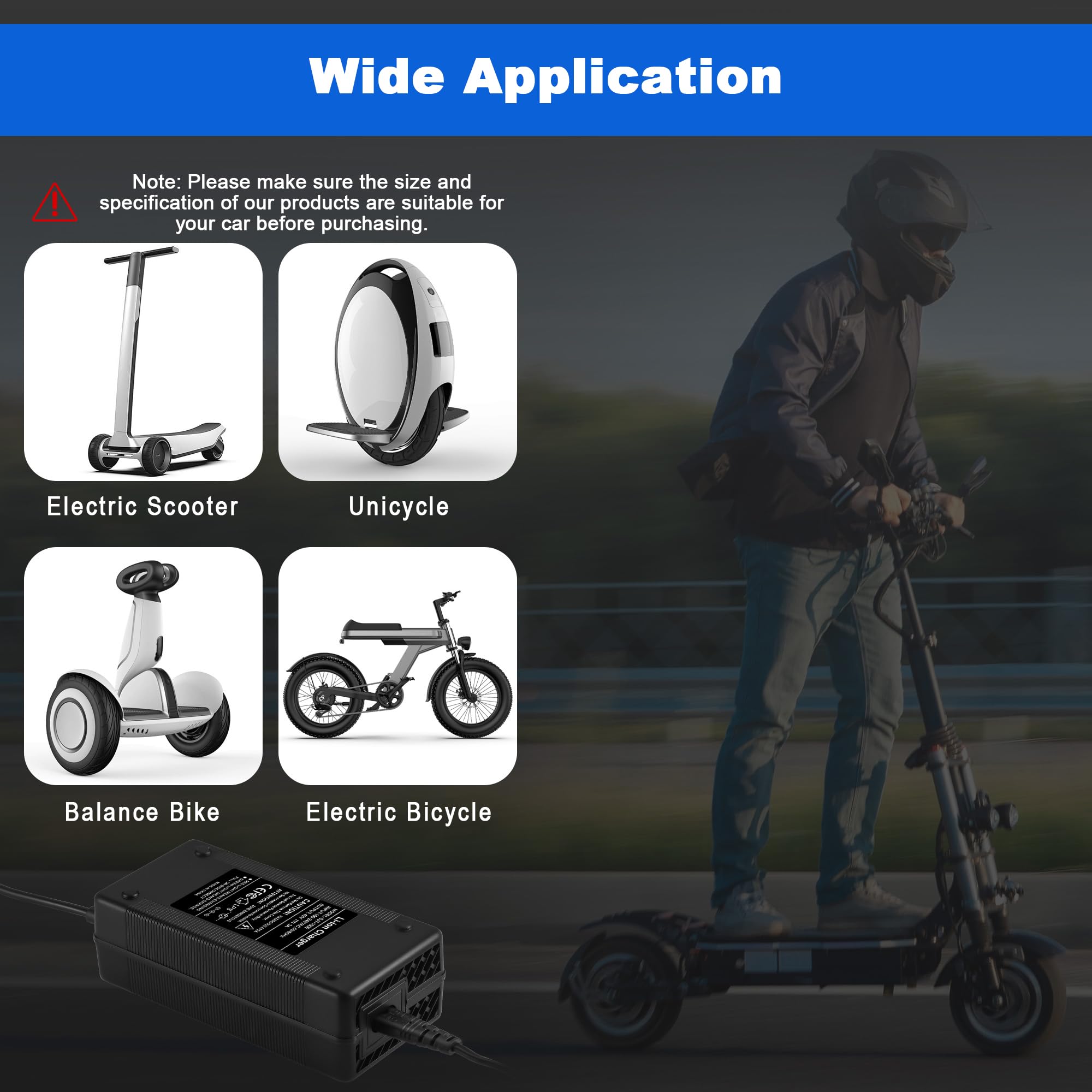 JIZZU Ładowarka do skutera elektrycznego, 42V 3A AC Hoverboard Adapter | Uniwersalna ładowarka z 5 złączami do skutera elektrycznego, równoważenia skutera, drifting board