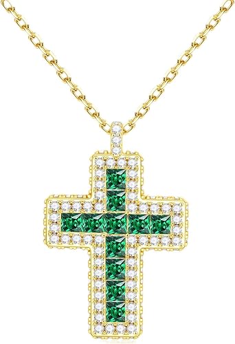 Turandoss Cross Necklace for Women, May Emerald Green Birthstone Necklace