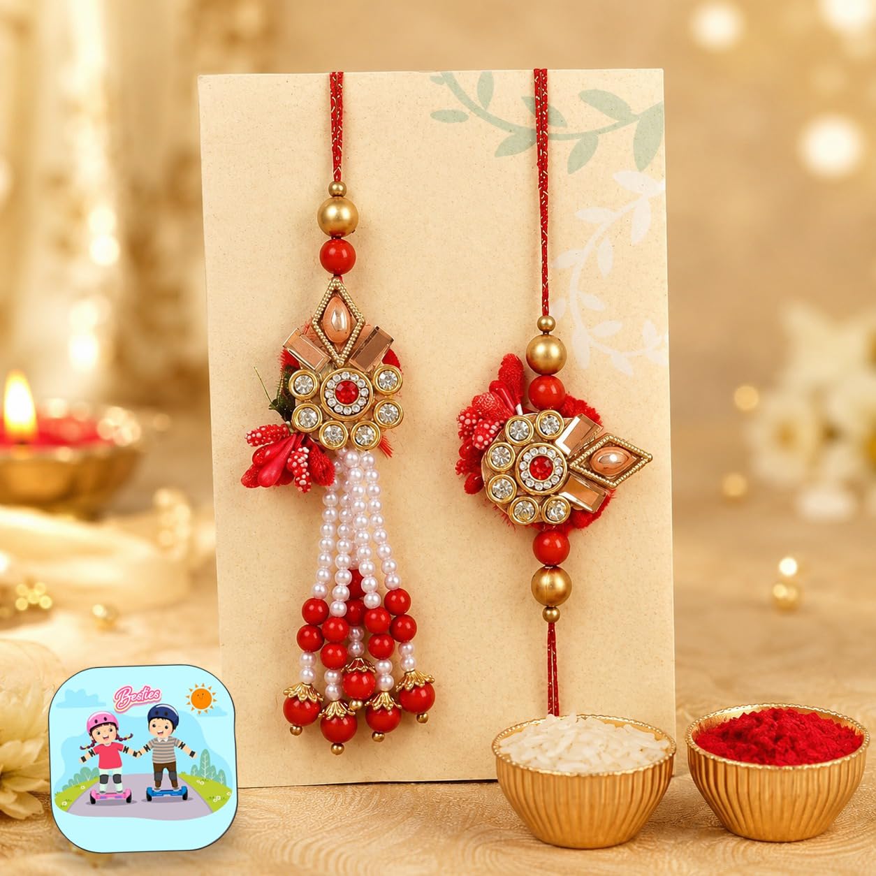CraftVatika Rakhi for Brother and Bhabhi Bhaiya Bhabhi Rakhi Set Kundan Lumba Rakhi for Bhabhi Sister-in-Law Rakhi Set of 2 Rakhi1 Fridge Magnet-image-25