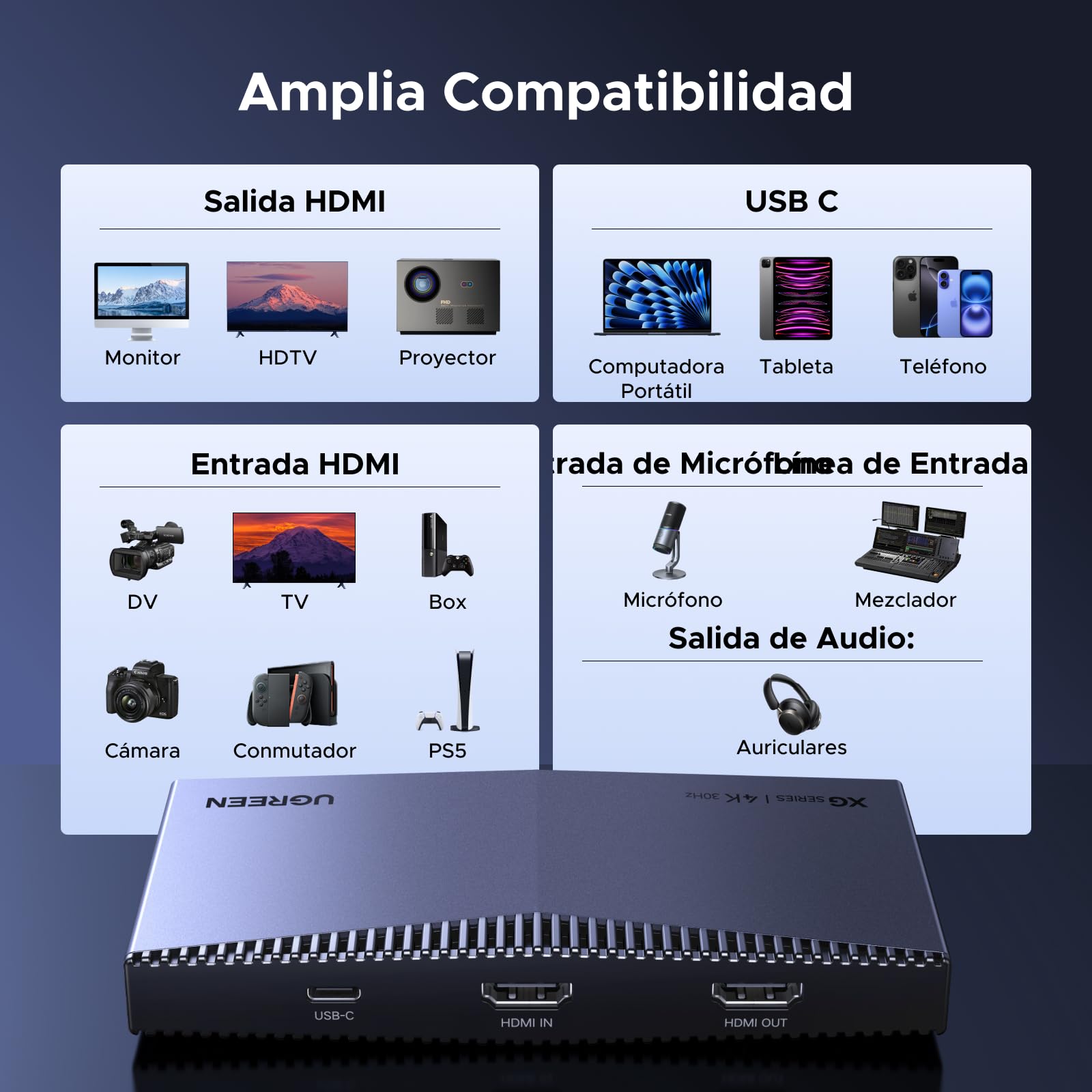 UGREEN Tarjeta de Captura de Video HDMI 4K 30Hz USB-C 3.2, Grabación y Streaming 4K 60Hz, Salida en Bucle, Compatible con PS5/4 Pro, Xbox Series X/S/One, Switch 2, MacBook, PC, iPad, Cámara