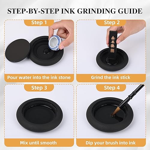 Miniatura 3 de I-MART Juego de caligrafía china para principiantes con 4 pinceles, piedra de tinta, barra de tinta, pasta de tinta roja, sello, cuenco de agua de
