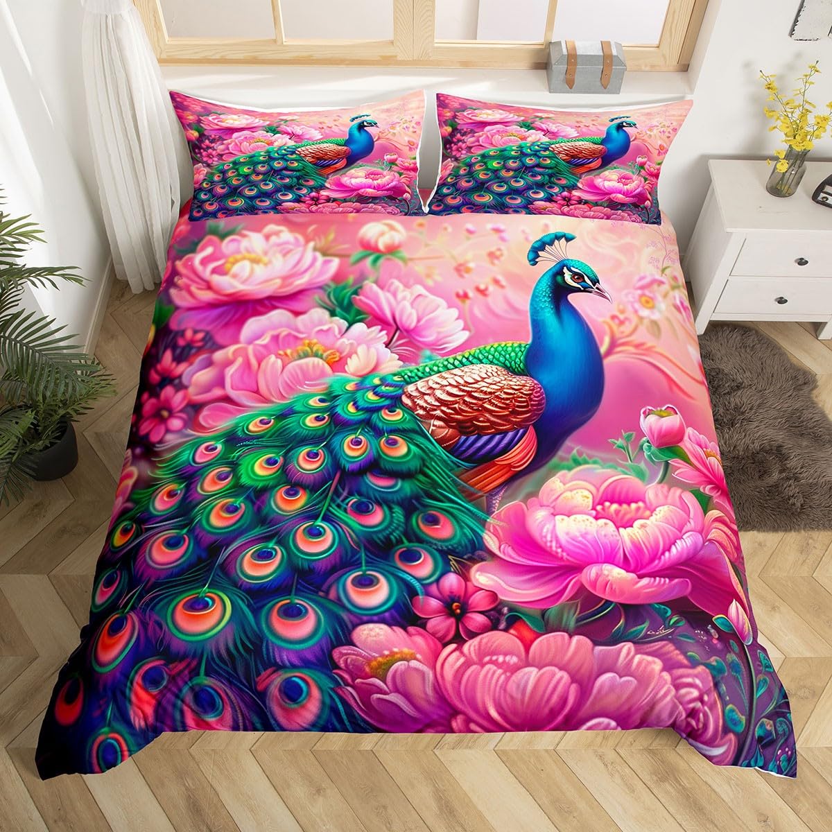 Manfei Peacock Duvet Cover Set King Size, Watercolor Flower Bedding Set for Kids Boys Girls Room Decor, Floral Animal Print Comforter Cover, Lightweight Bedspread Cover,2 Pillowcases,No Comforter