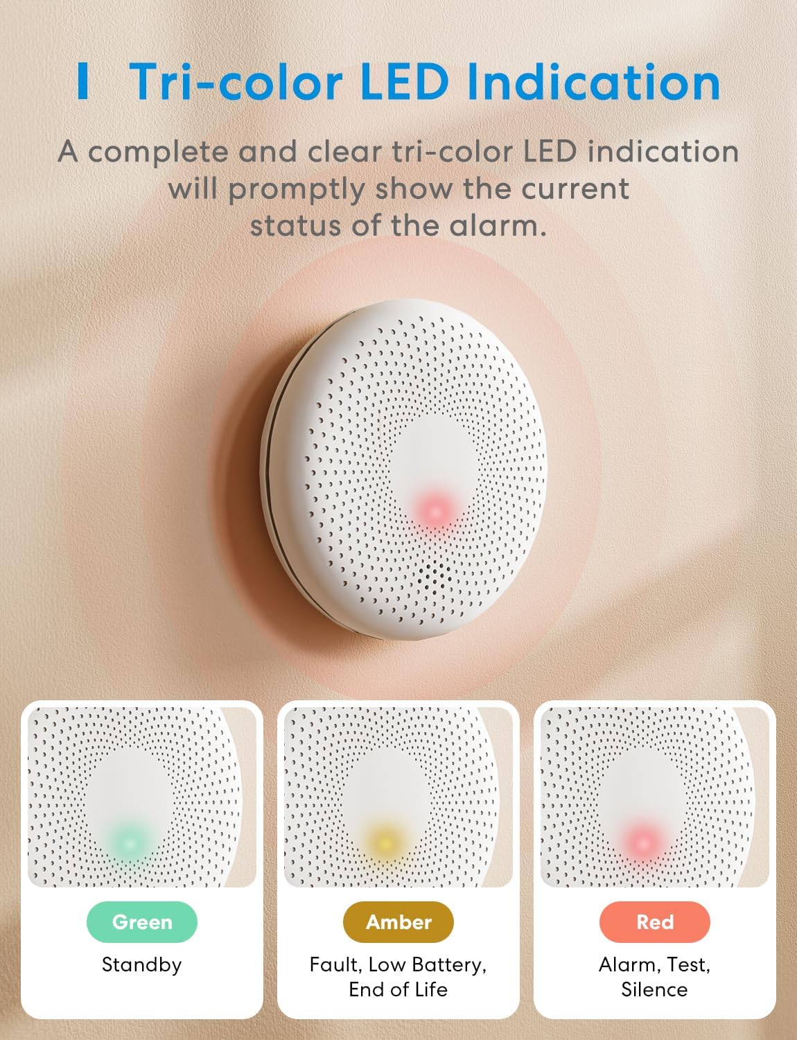Image showing the tri-color LED indications for the Meross CS11 alarm: Green for Standby, Amber for Fault/Low Battery/End of Life, Red for Alarm/Test/Silence.