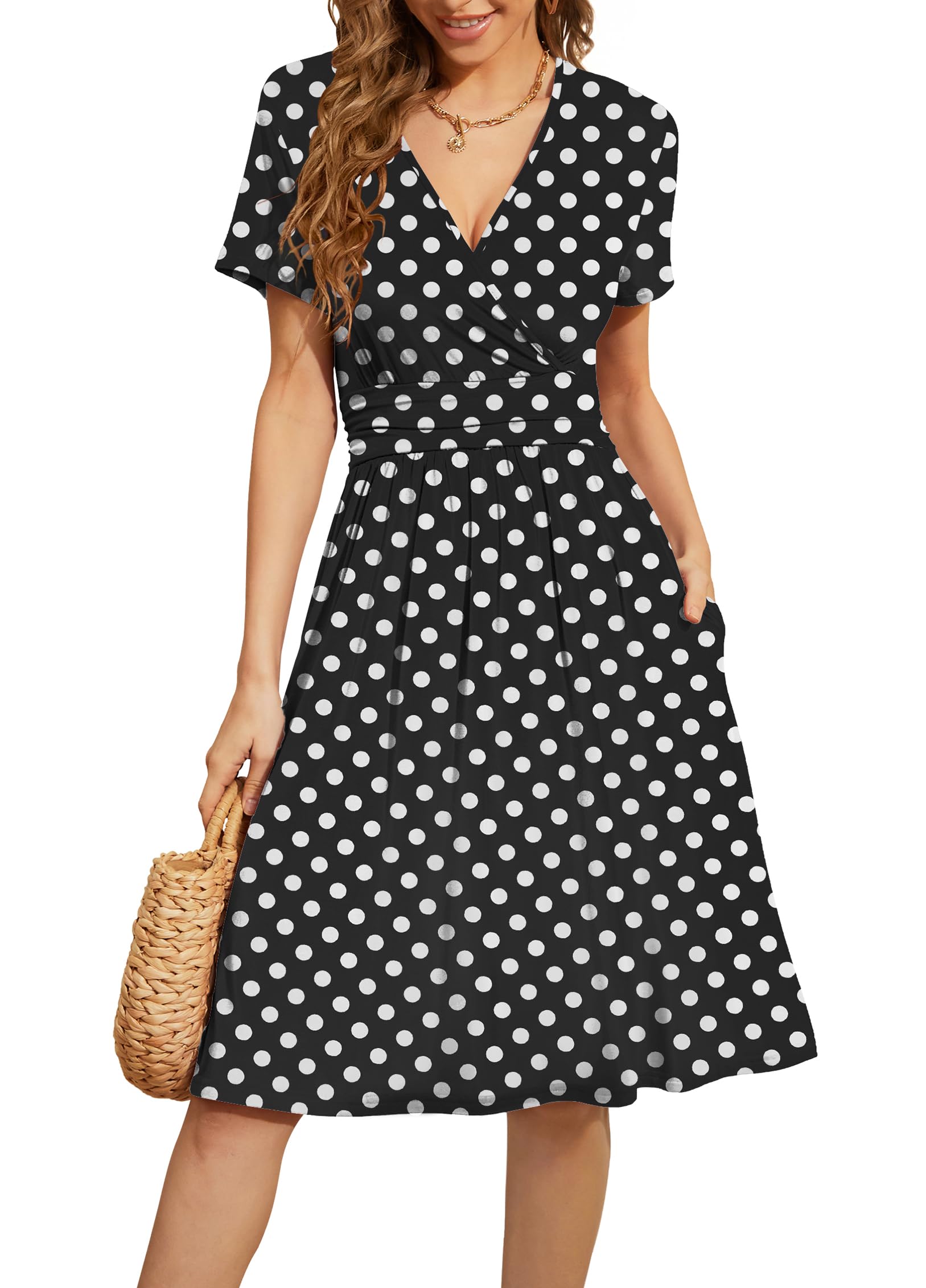 WEACZZY Women's Summer Short Sleeve Casual Dresses V-Neck Floral Party Dress with Pockets