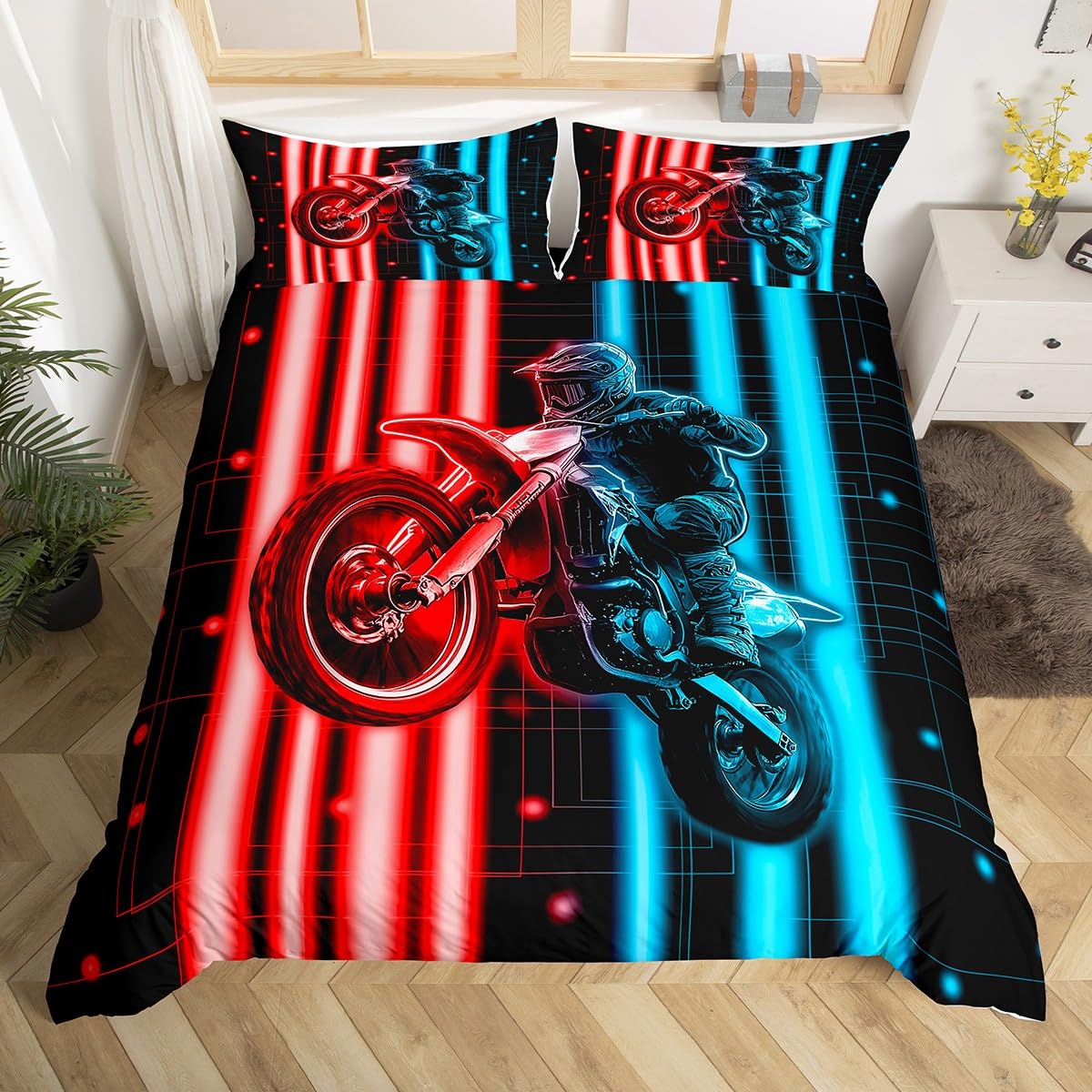 Homemissing Racing Motocross Rider Kids Bedding Set,Boys Girls Super King Size,Dirt Bike Duvet Cover,Extreme Sports Comforter Cover,3D Pattern Bedclothes Colorful Modern Bedroom Decor,Blue Red โ image 1