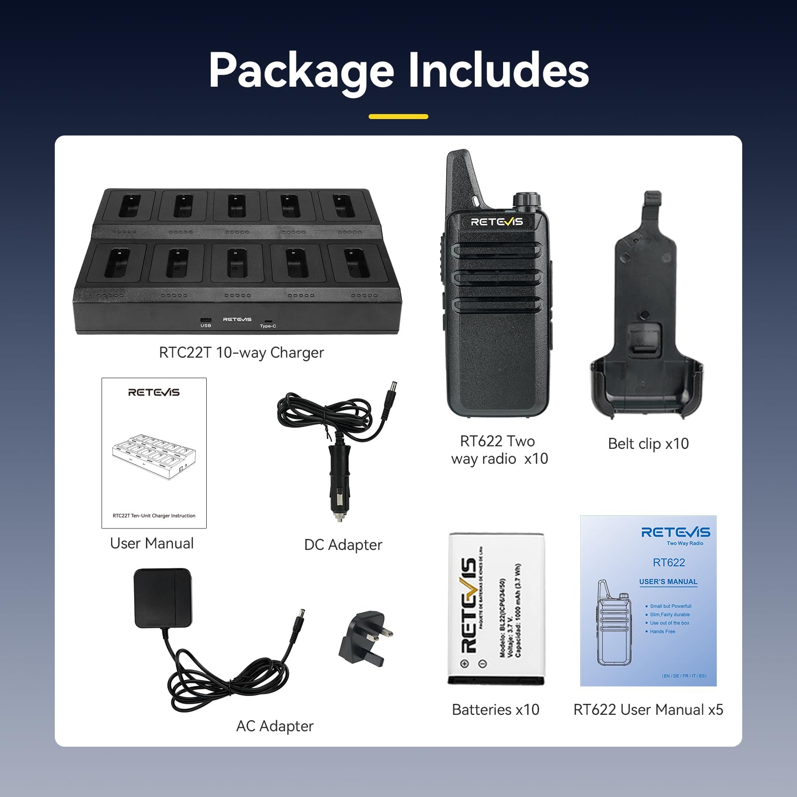 Retevis RT622 Walkie Talkie, PMR446 2 Way Radio with 10 Way Charger, Low battery Alert, VOX, Compact, Durable Walkie Talkies for Adults, Profesional Radio Communication for Restaurant (Black, 10 Pack) — view 8