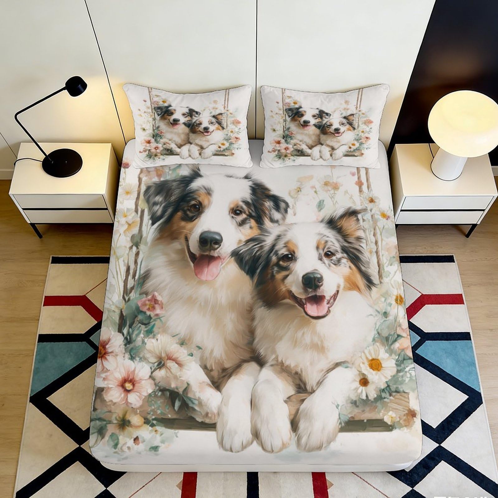 3D Printed Australian Shepherd Dog Fitted Sheet Microfiber Soft Floral Bed Cover for Bedroom Guest Room Mattress Protection Decor 180x200x25cm