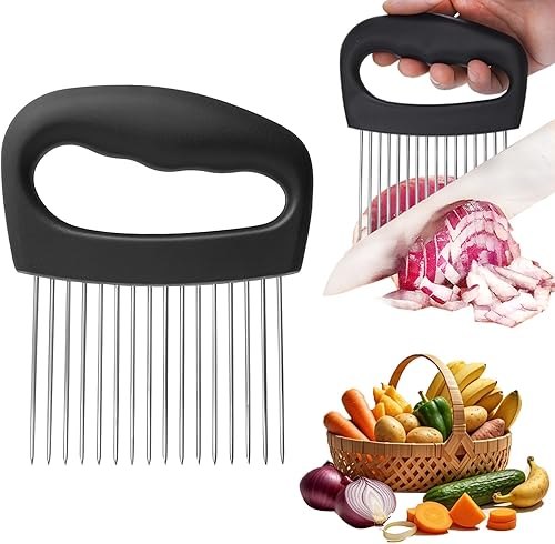 FANTEXY Soporte de cebolla para rebanar, rebanador de cebolla y ablandador de carne, acero inoxidable extra grande de 16 puntas, picador de verduras
