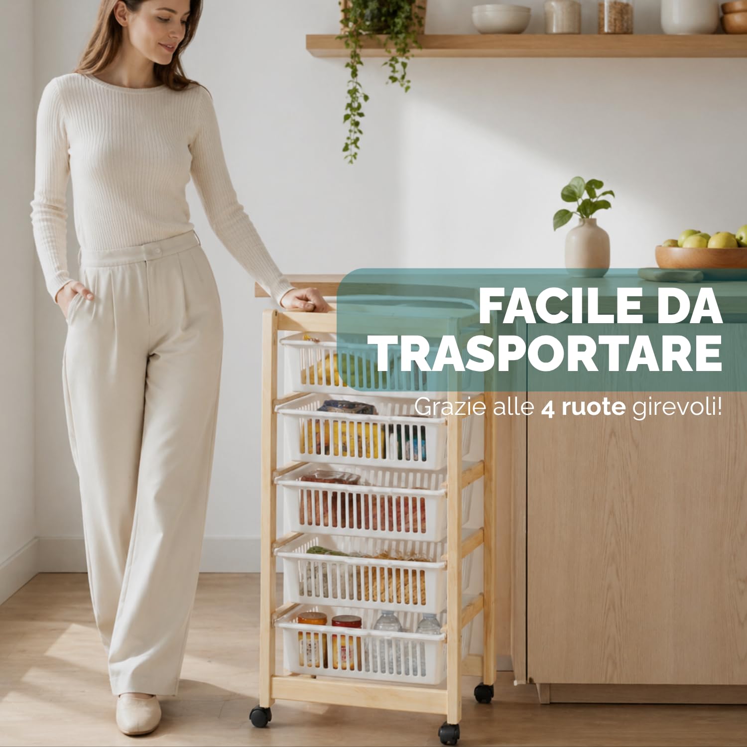 Paluplus Carrello porta verdure a 5 ripiani in Legno Naturale, misura 45x30x85 cm, 5 Cestelli in Plastica con Vassoio Portaoggetti e 4 Ruote girevoli, Scaffale da cucina per frutta e verdura -6015F -4