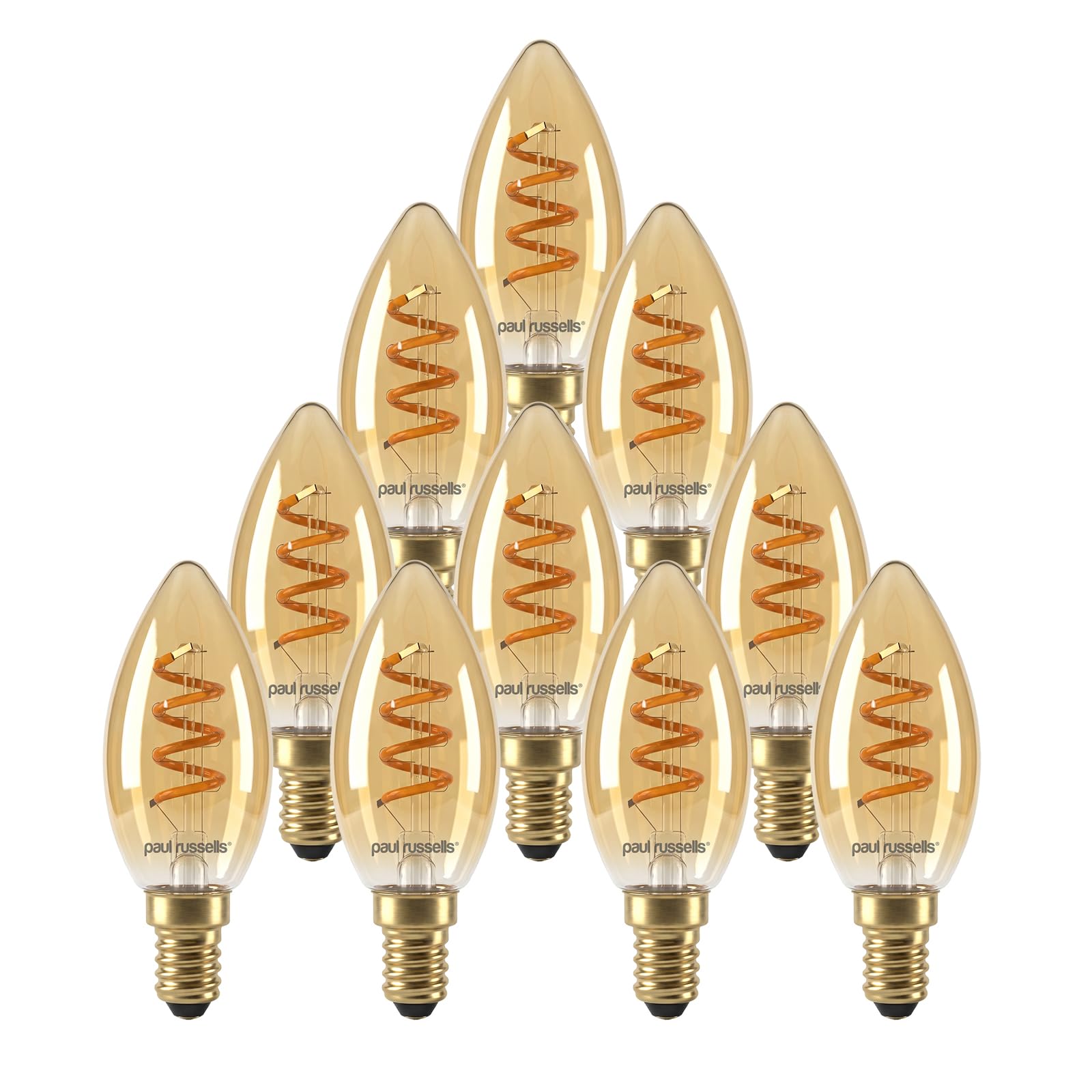 paul russells Dimmable Spiral LED Filament Small Edison Screw Candle Bulb, E14 2.5W (15W Equivalent) - 135LM, 1800K Extra Warm Vintage SES Amber Light, Decorative C35 Chandelier Lamp – Pack of 10