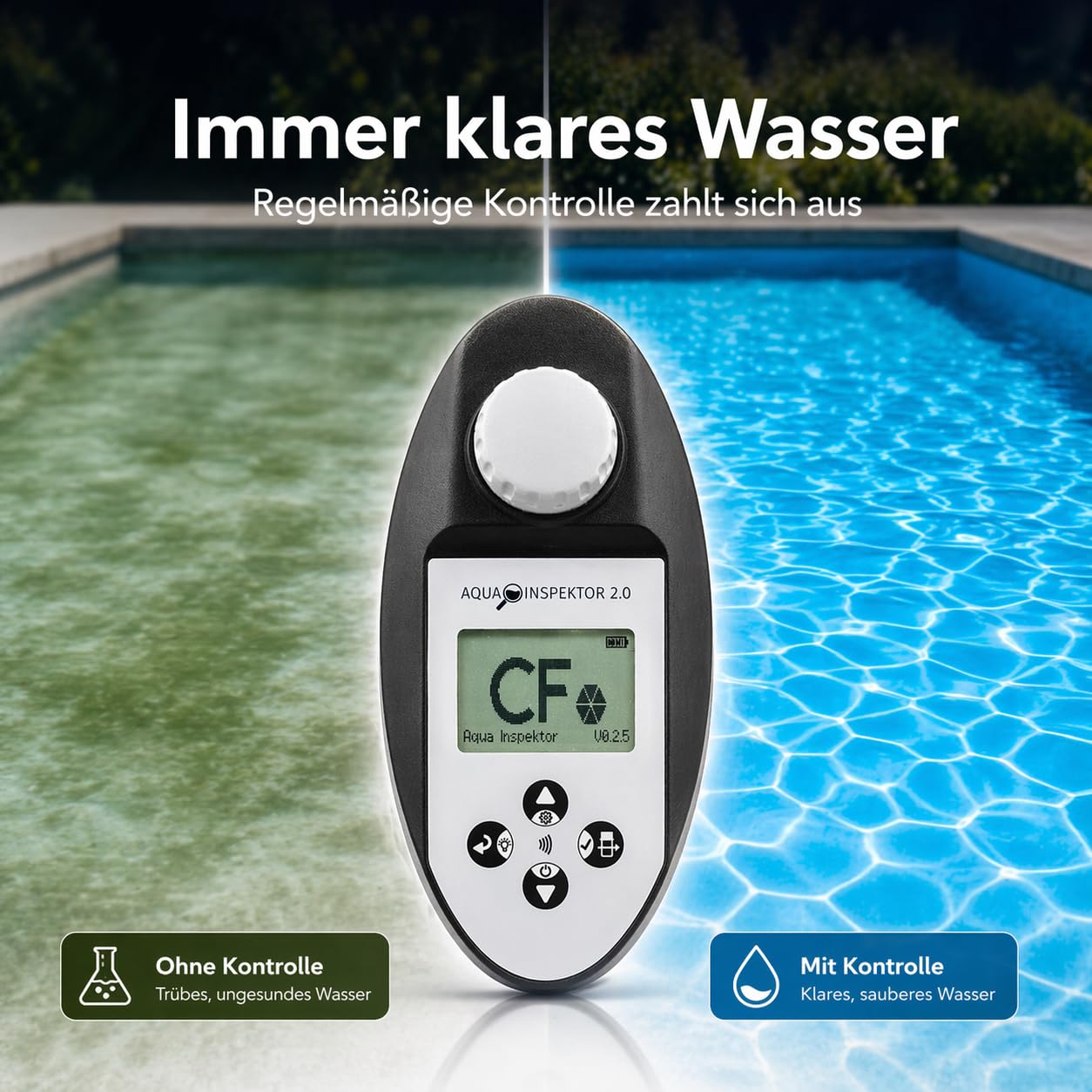 poolomio® Pooltester Digital mit NFC & App - Wassertester 11 Parameter | Messgerät für Pool, Whirlpool & Spa, misst Chlor, pH, Brom, Alkalinität u.v.m., IPX7 wasserdicht, inkl. Reagenztabletten