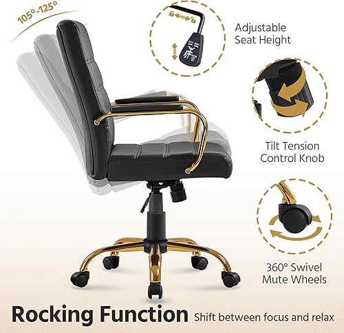Miniatura 6 de Topeakmart Silla de escritorio de oficina Silla ejecutiva de cuero sintético ajustable con marco dorado asiento negro