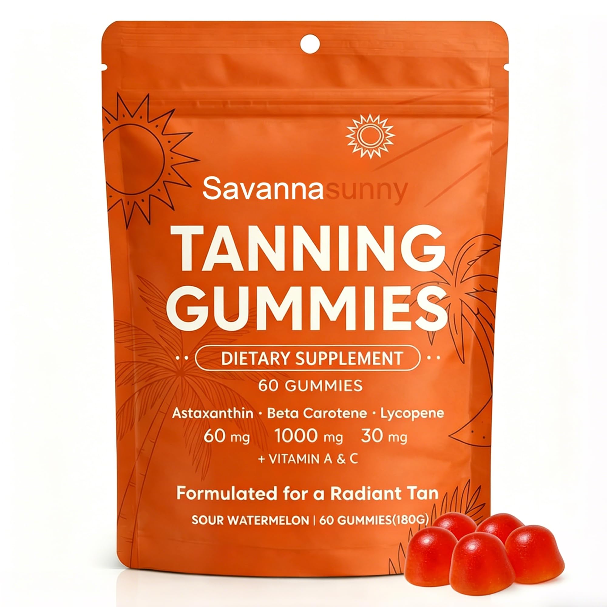 Tanning Gummies for Women Beta-Carotene Astaxanthin Vitamin C&E Vegan 60 Ct
