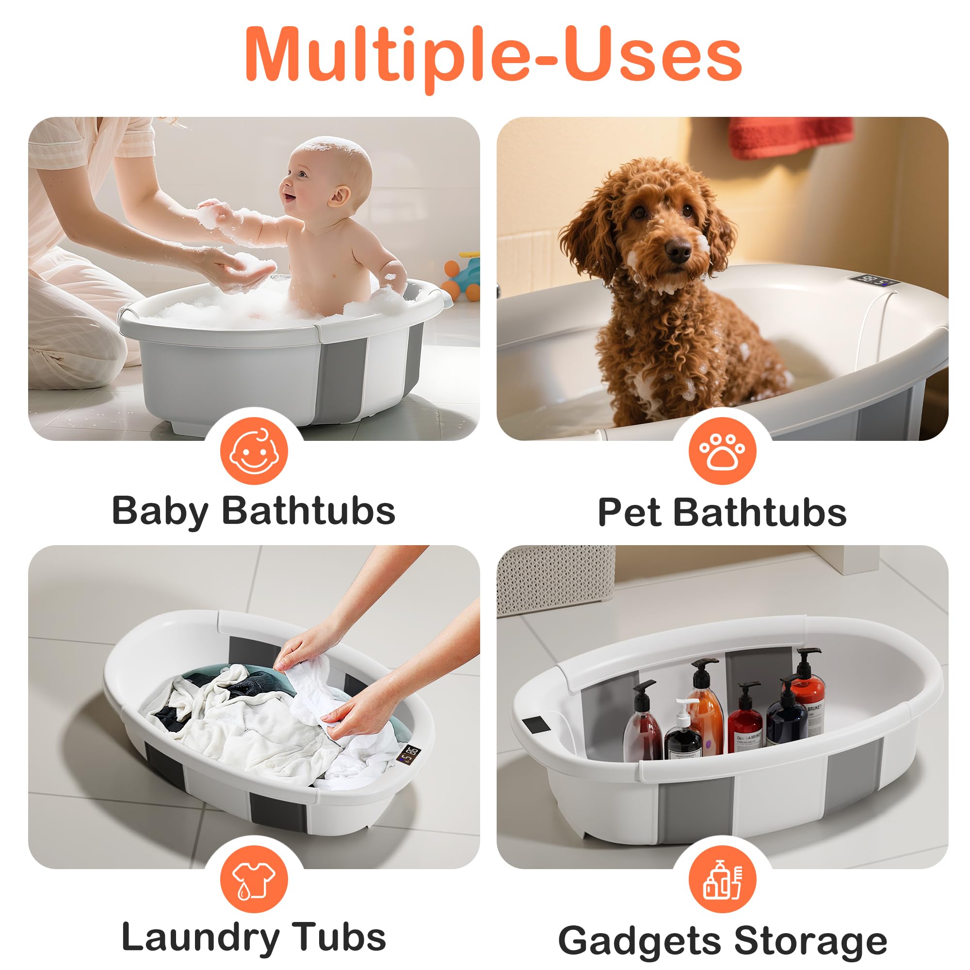 Bañera plegable para bebé, bañera grande con termómetro y cojín, bañera portátil de viaje para recién nacidos, bañera plegable para bebés de 0 a 36 meses (gris)