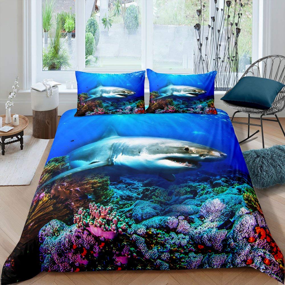 Shark Fish Duvet Cover King Size Kids Blue Ocean Sea Comforter Cover  Underwater Word Bedding Set For Children Boys Girls Teens Coral Reef  Lightweight