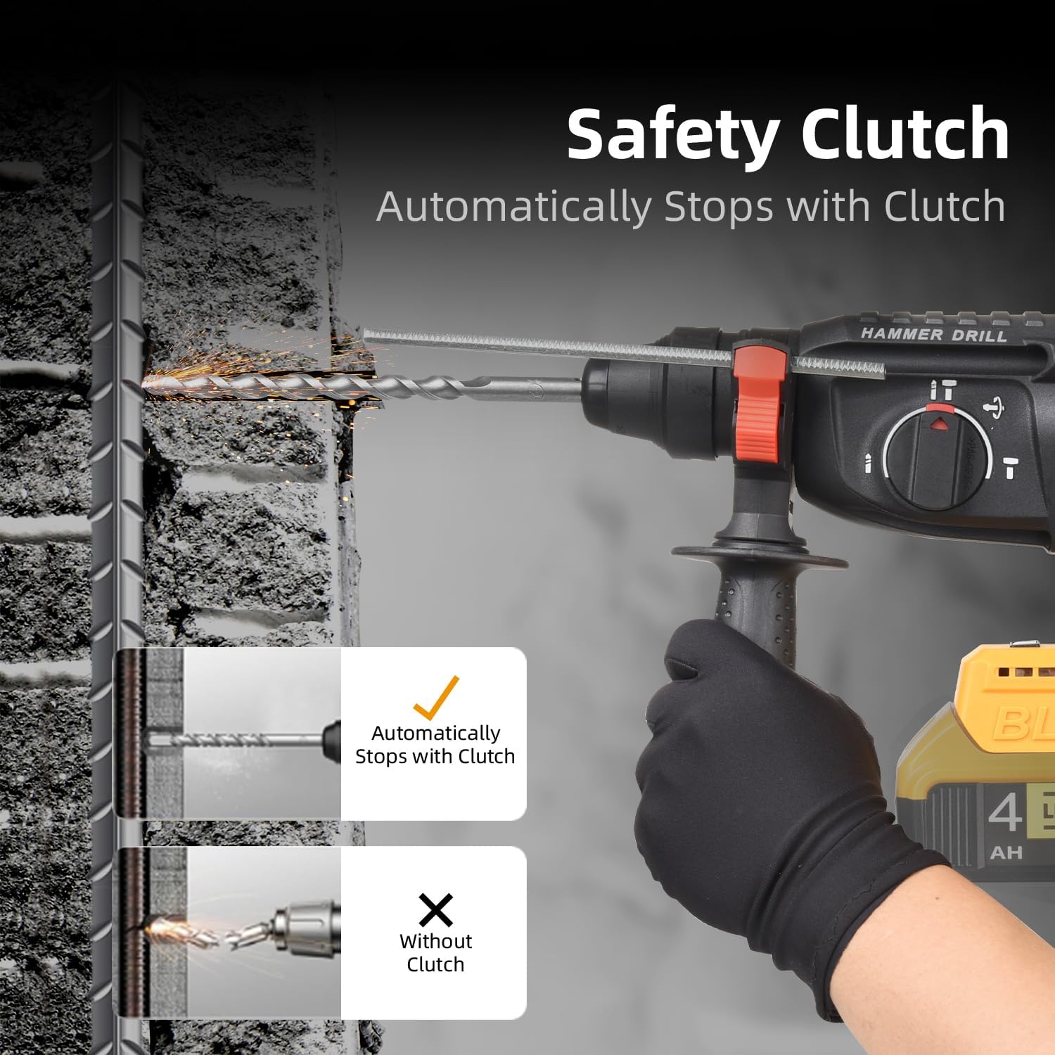 SDS-Plus Cordless Rotary Hammer Drill Compatible with Dewalt 20V Battery(NO Battery) Brushless Motor, Safety Clutch, 4 Functions with 5 Drills and Carrying Case for Concrete/Masonry/Wood/Metal