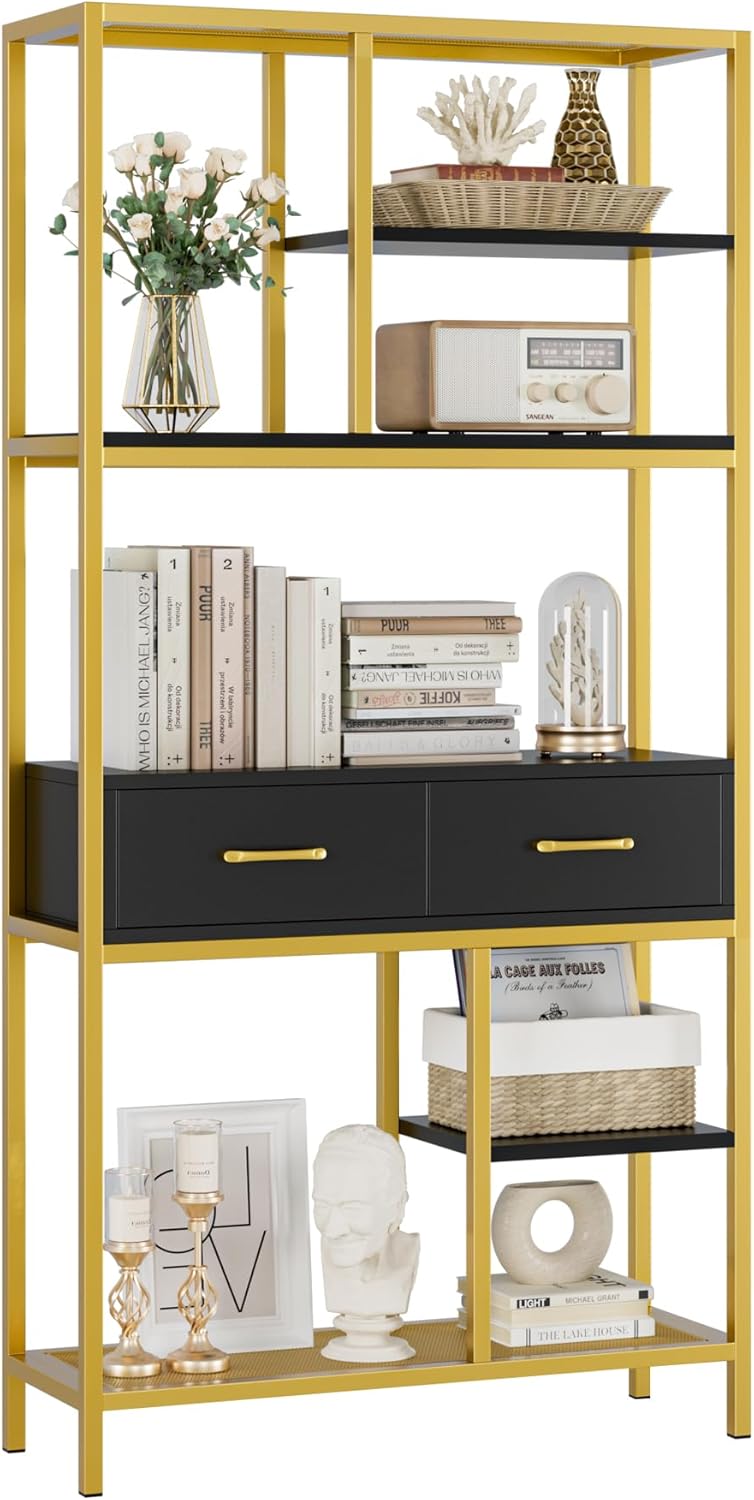 Libreria A 5 Ripiani HOCSOK Con 2 Cassetti | 90x30x180 Cm | Legno E Metallo | Per Soggiorno, Ufficio, Camera - Foto 2