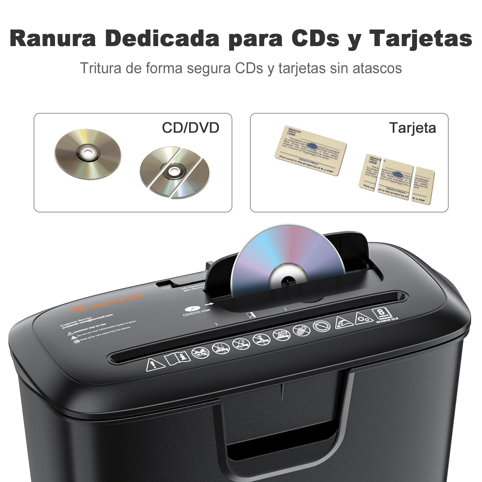 Bonsaii Trituradora de Papel Corte Recto, Destructora de 8 Hojas, S120-C | Para casa u oficina, destruye CD y tarjetas de crédito, protección térmica, papelera de 13L, fácil de vaciar