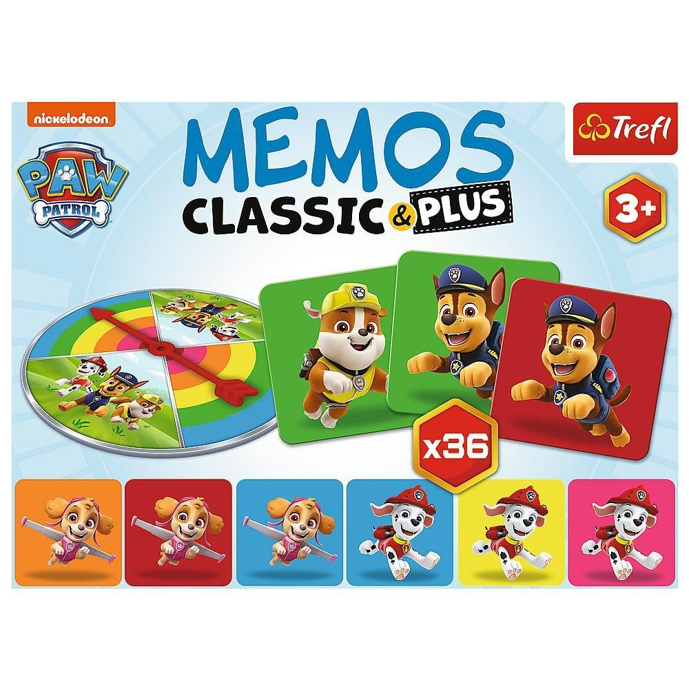 Trefl - Memos Classic & Plus, PAW Patrol - Edukacyjna Gra Pamięciowa dla Maluchów, Odnajdywanie Par Obrazków, Różne Warianty Zabawy, Tarcza Losująca, Gra Memory z Bohaterami Bajki dla Dzieci od 3 lat