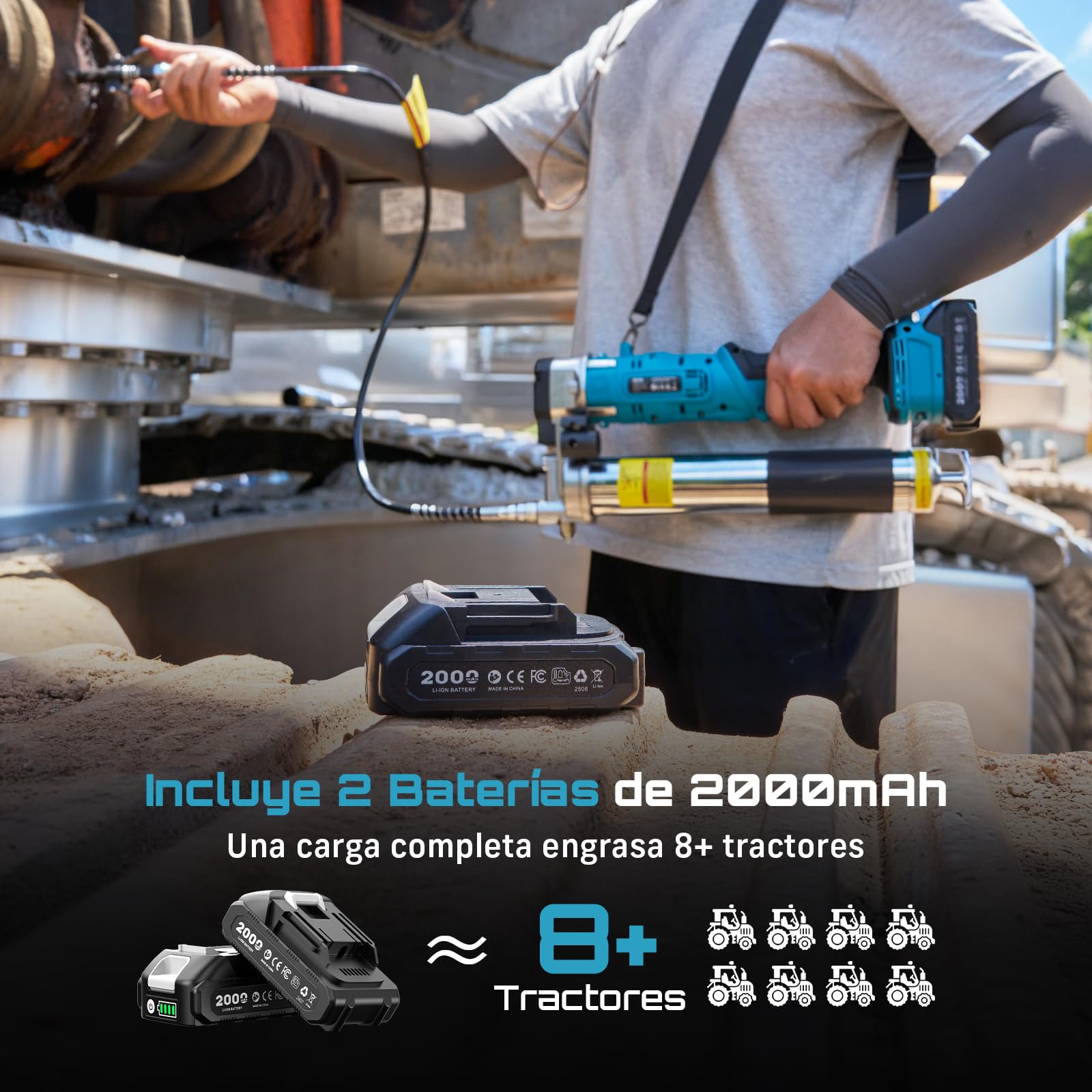 Seesii Innovadora Engrasadora Bateria 2 en 1: Kit de Pistola Engrasadora de 5,3 oz/min 12000 PSI de Alta Eficiencia con 2 * Baterías de 2,0Ah y Cargador, Pistola de Engrasar Fácil de Usar