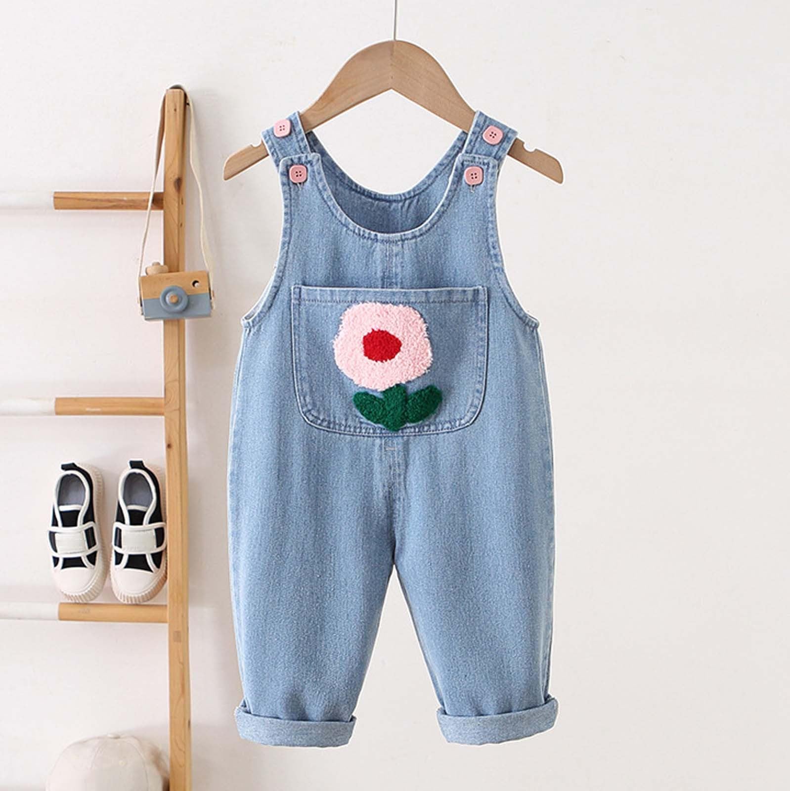 Salopette da bambina con ricami floreali, graziosi pantaloni jeans per bambini e abbigliamento da gioco, morbidi e confortevoli, ideali per l'uso quotidiano