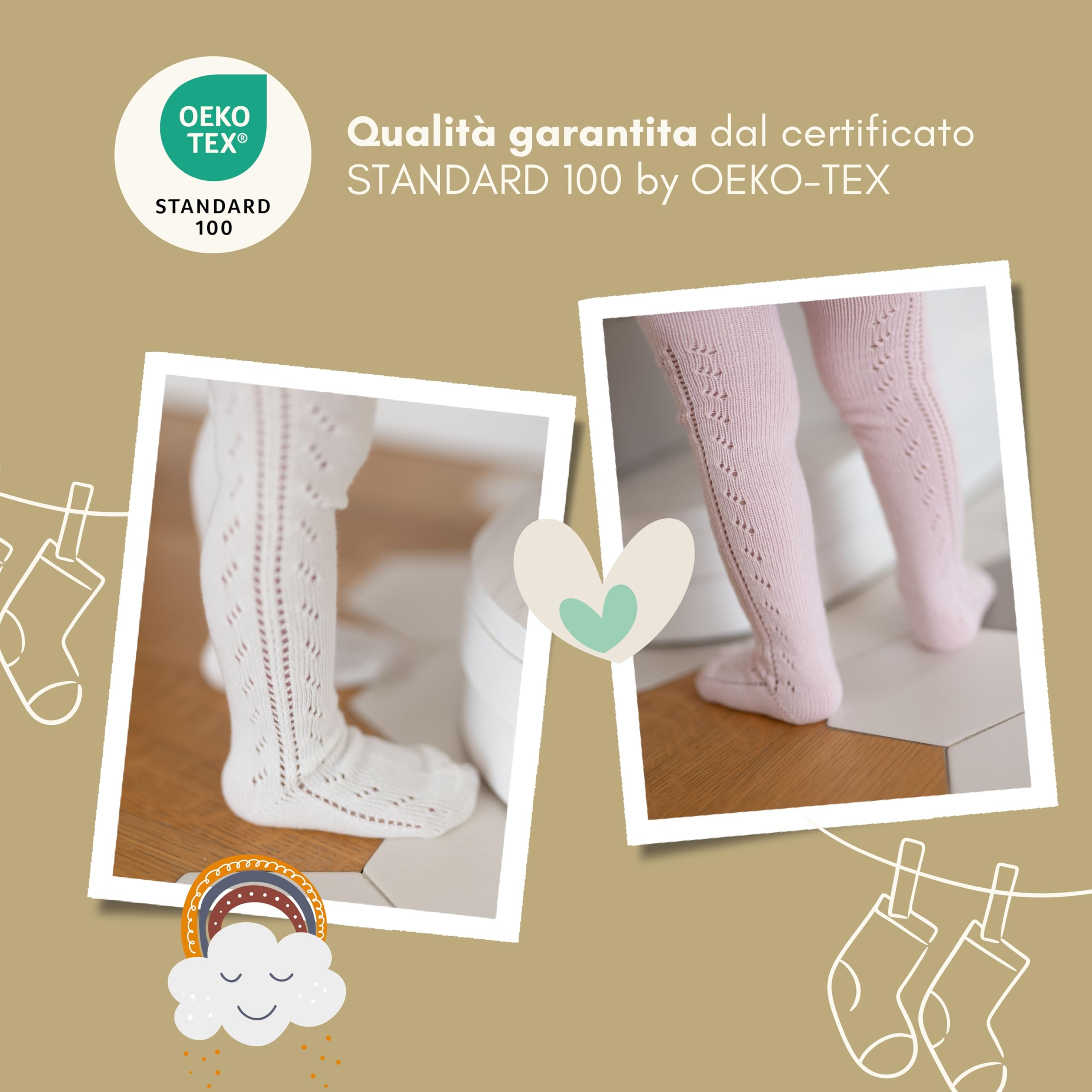 Coccoli | 2 Paia Collant Bambina e Neonata, Calze in Cotone Elasticizzato con Motivo Traforato a Tinta Unita, Made in Italy