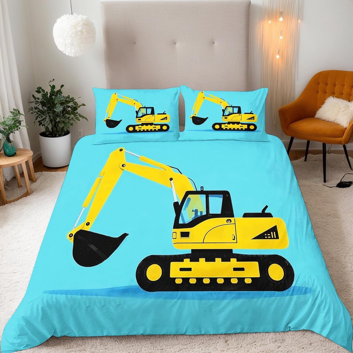 Housse de couette 240x260 cm excavatrice en microfibre douce anti-pli pour lit double