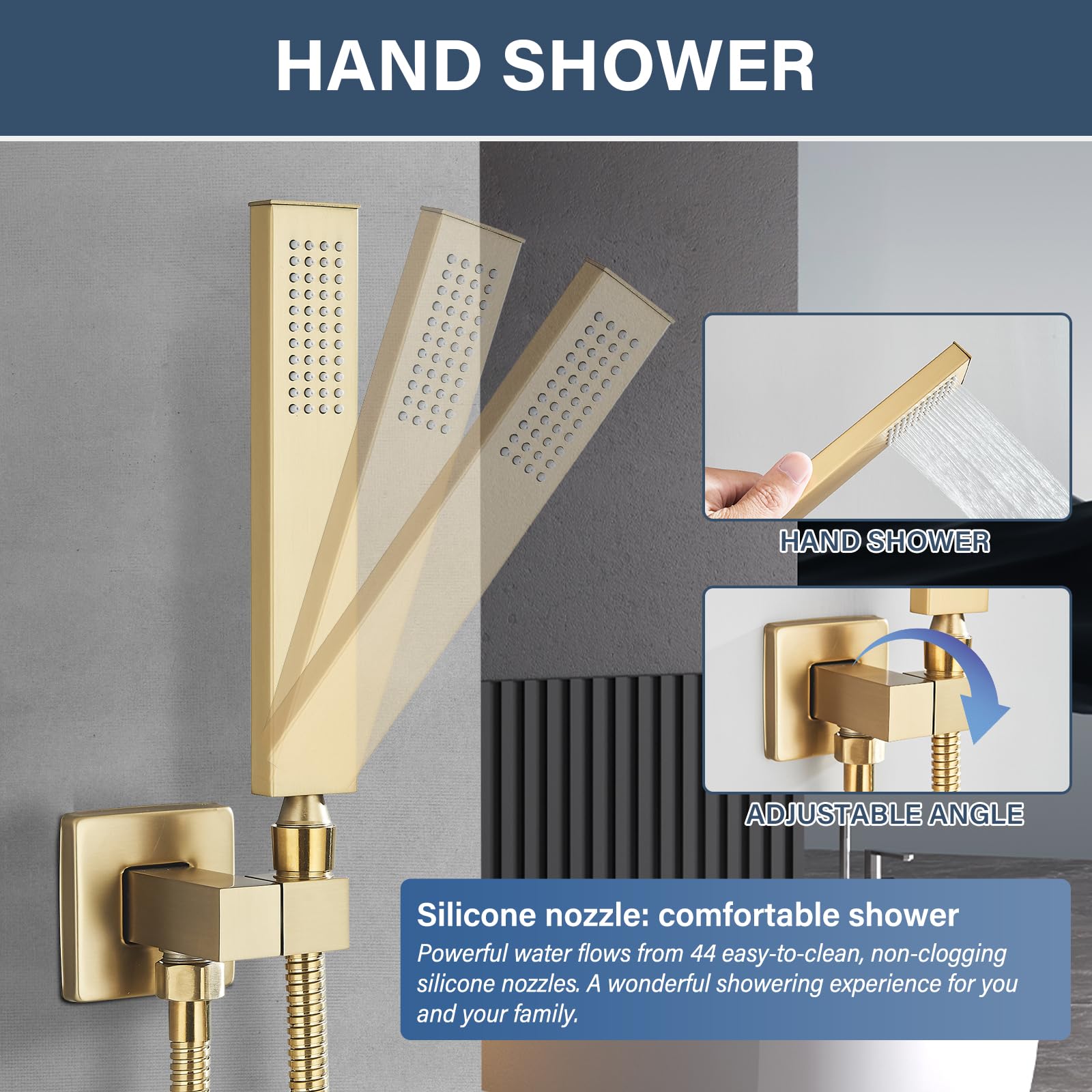 Doccia a Incasso Doccia Sistema con Valvola Montaggio a Parete Soffione Doccia a Pioggia Quadrato da 20cm,Doccetta,Rubinetto Vasca Da Bagno,Oro Spazzolato