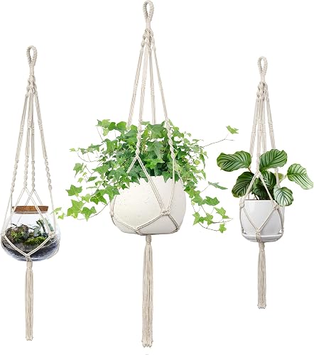 Macrame Plant Hanger, 34''/41''/46'' 3 Sizes, Hanging Planters for Indoor Outdoor Plants, Flower Pot Holder with Wood Beads & Tassels for Boho Home Decor, 3 Pack, Ivory