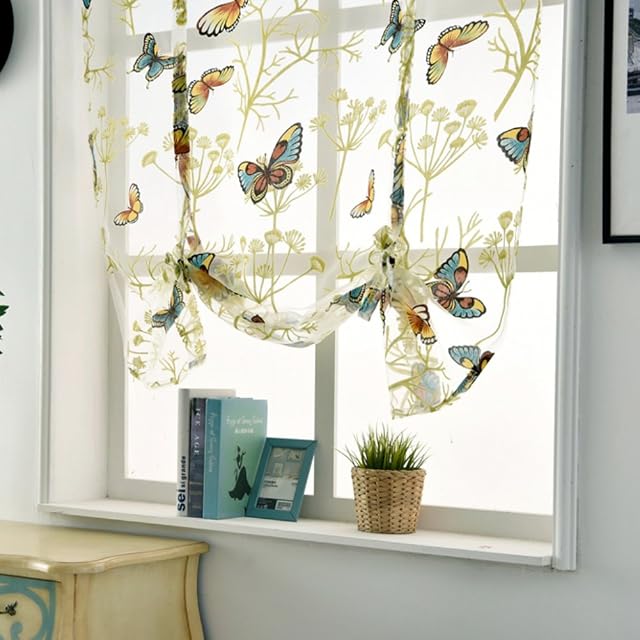 Hankyky 120 * 120cm Voile Tie Blinds Butterfly Pattern Printed Curtain Panels Floral Roman Curtains Sheer Voile Window Shade Blinds Rod Pocket
