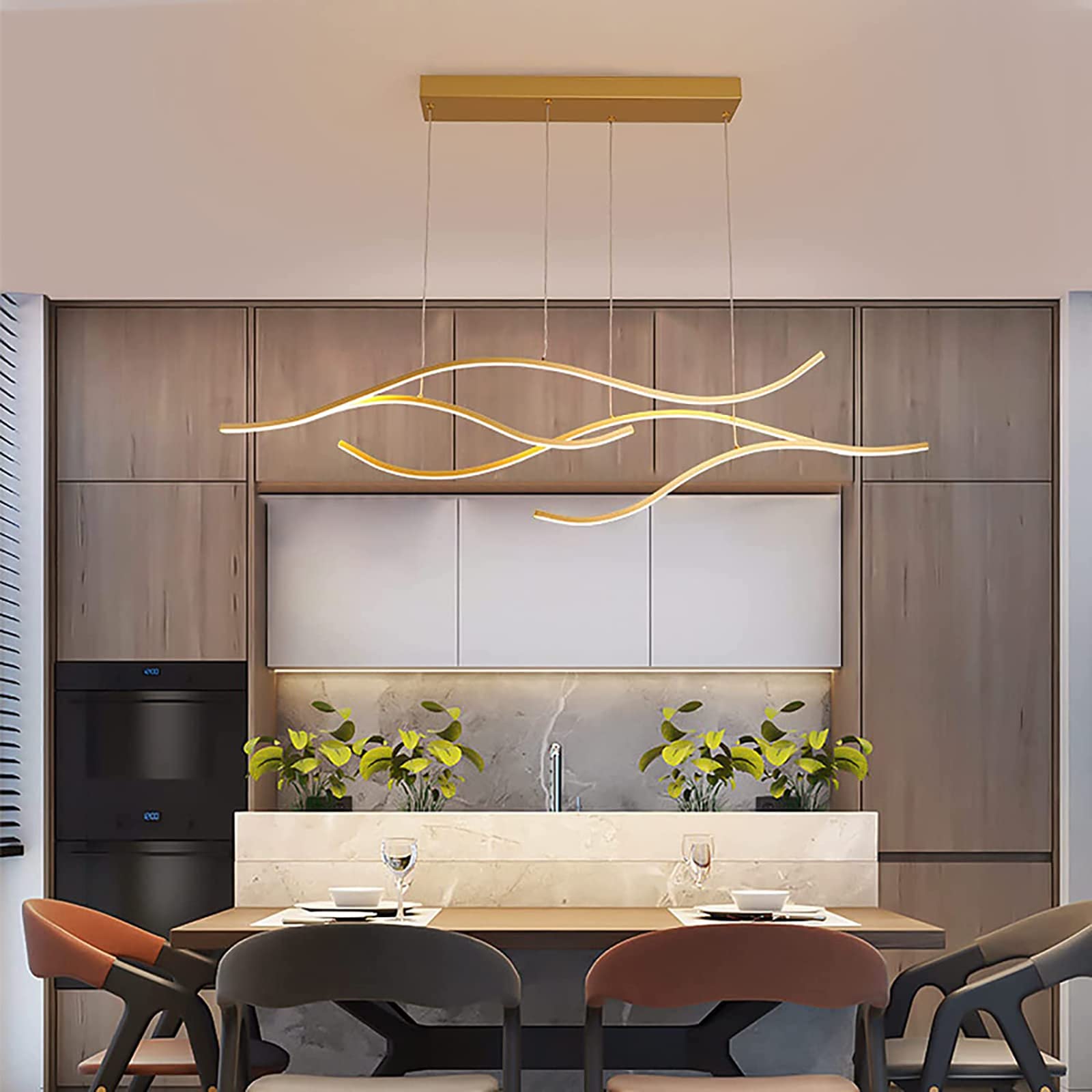RRJJ Modern Dimmable Pendant Light, Minimalist Wave Chandelier Light Fixture, Led Hanging Light Fixture, for Kitchen Island Living Room,Gold