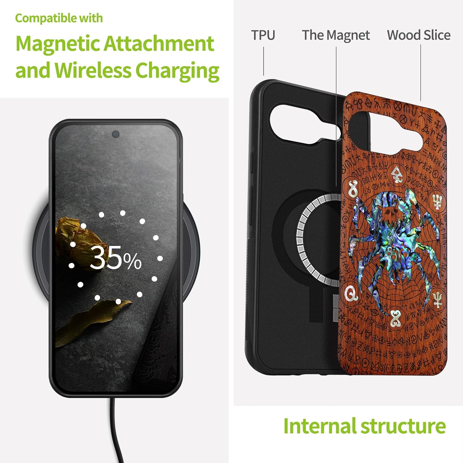 Carveit Magnetic Wooden Case for Google Pixel 9a Case, Wood Artisan Engraved & Handmade Shell Inlaid, Compatible with MagSafe Wireless Chargers (Spider Amidst Mystical Runes) Rosy