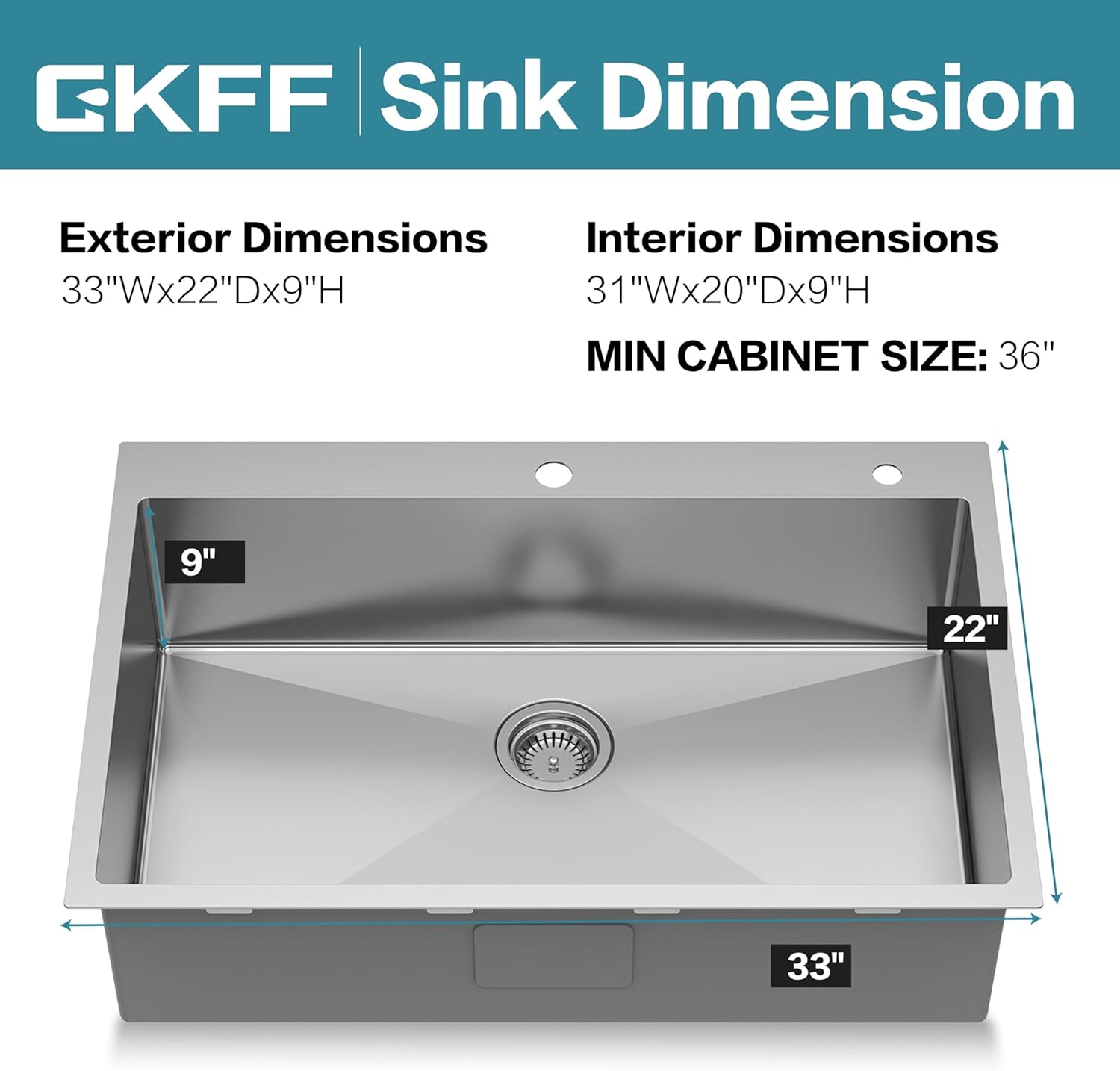 33"x22"x10" Drop in Kitchen Sink Topmount 16 Gauge S304 Stainless Steel Kitchen Sinks Modern Handmade Single Bowl Deep Sink with Accessories and Integrated fregaderos de cocina modernos