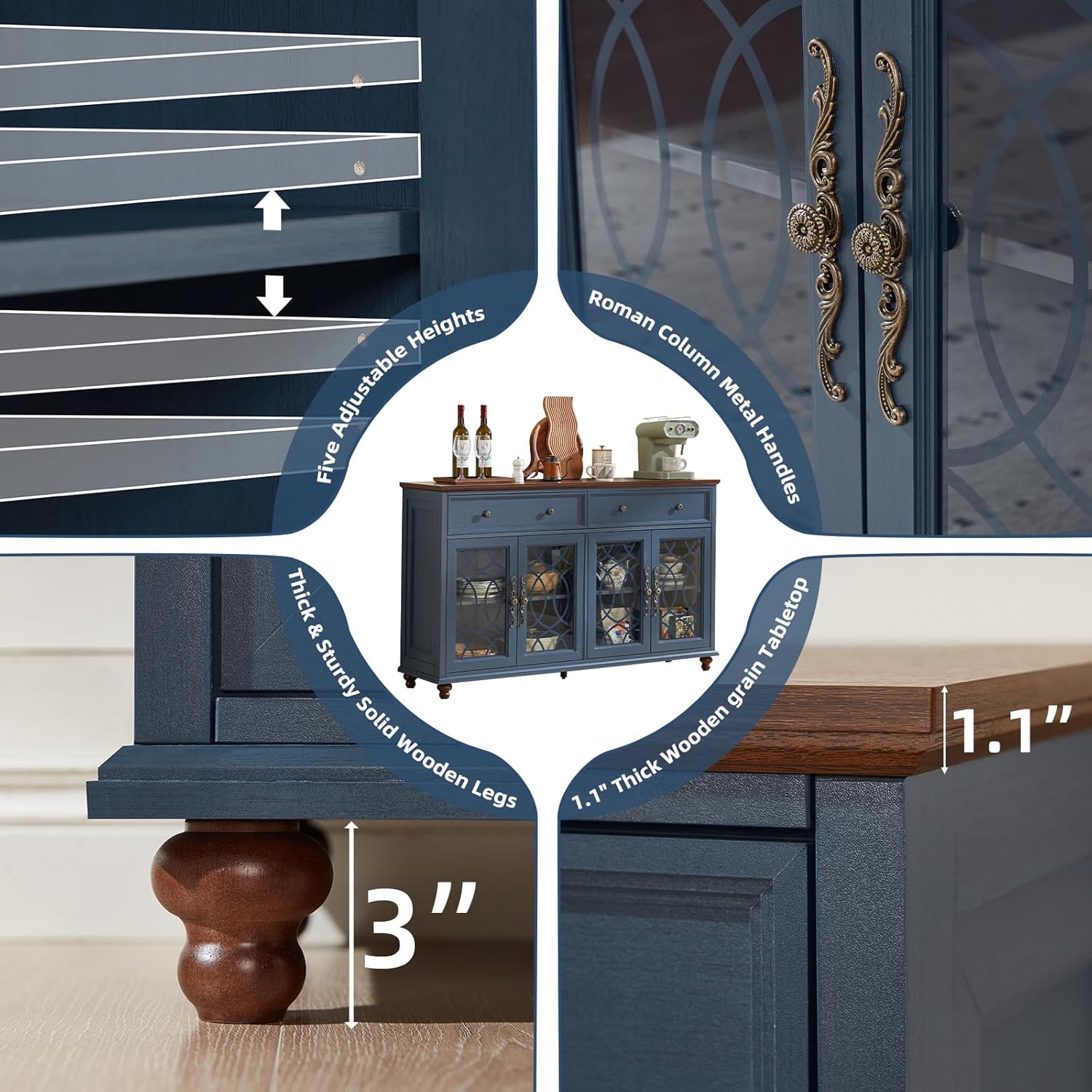 Farmhouse Sideboard Buffet Cabinet with Storage,59" Large Credenza with 4 Glass Doors & 2 Drawers,Adjustable Shelves Console Table,Wood Kitchen Coffee Bar for Dining Room,Living Room,Navy Blue