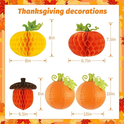 Miniatura 4 de Decoraciones de fiesta de Acción de Gracias, pancarta de agradecimiento, faroles de papel, calabazas de panal, abanicos de papel de bellota de
