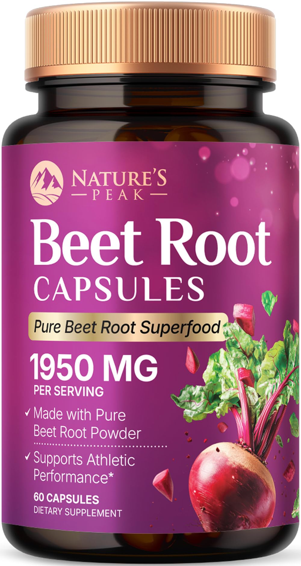 Nature's Peak Suplemento pré-treino de pó de beterraba 1950 mg, 60 cápsulas