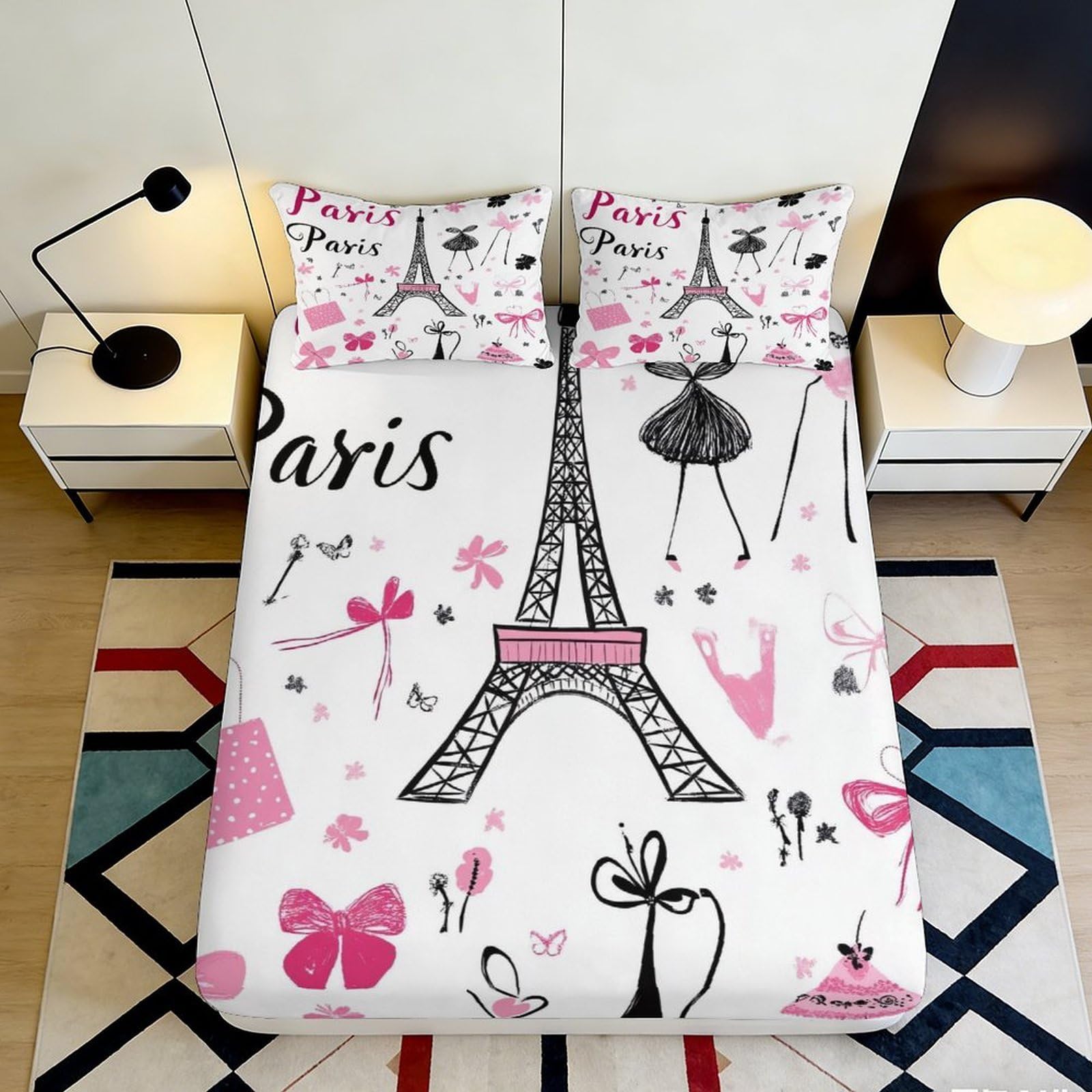 3D Printed Eiffel Tower Paris Fitted Sheet Microfiber Pink Bow Mattress Cover for Bedroom Dorm Decorative Protection 90x200x25cm