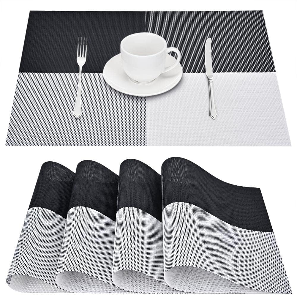 FIDEO Black & White PVC Dining Table Placemats Set of 4 | Heat Resistant Non-Slip Washable Table Mats | Durable Place Mats for Kitchen & Dining Table | Stain Resistant Easy to Clean Quick Dry