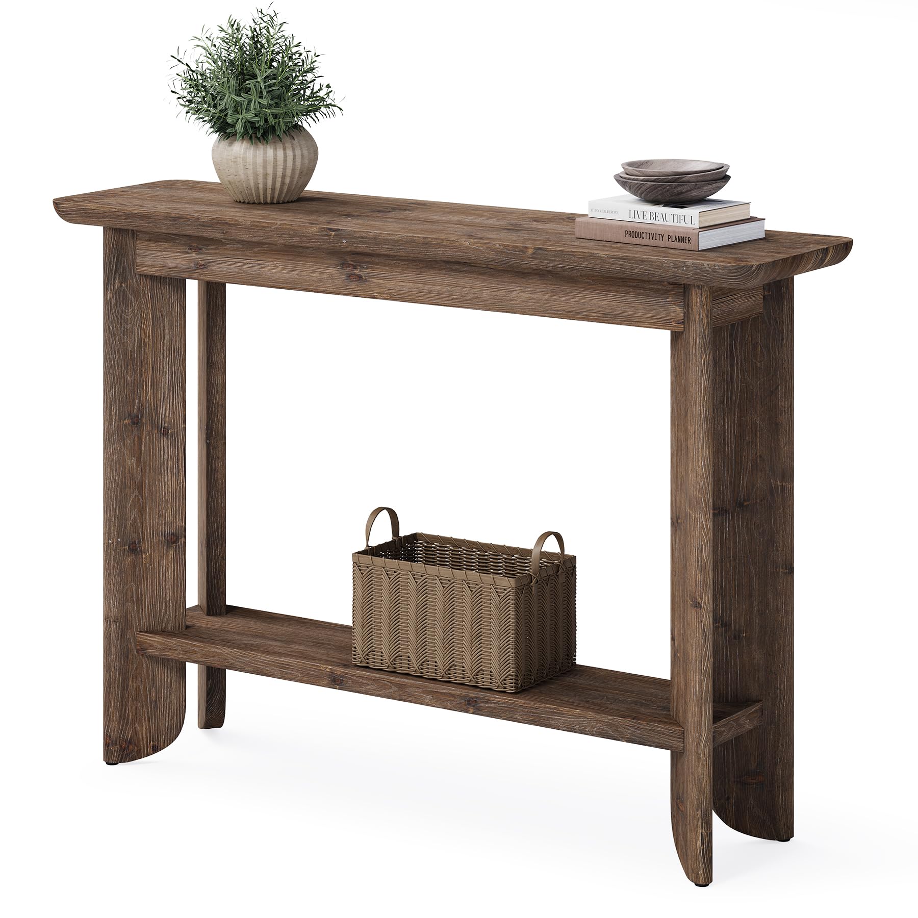 Mesa Consola 105 cm, 2 Niveles, Mesa Auxiliar Entrada con Almacenamiento, Estilo Granja, Nogal Oscuro, para Recibidor, Salón, Detrás del Sofá