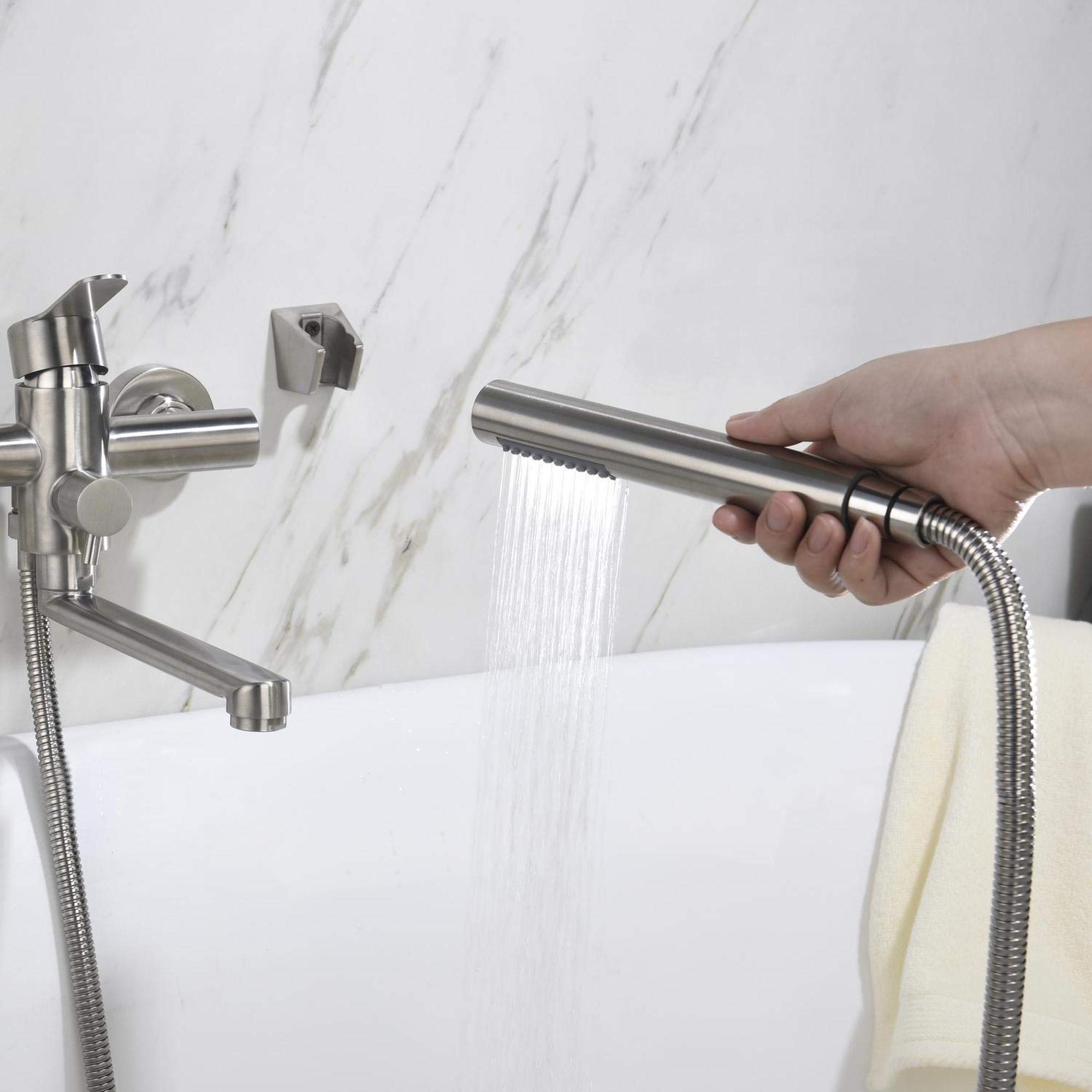 HomeLava Grifo Bañera y Ducha, Grifo de Bañera con Alcachofa de Mano Monomando Redondo de Acero Inoxidable 304, Instalación en pared, Cepillado(Longitud de La Boca 23 cm)