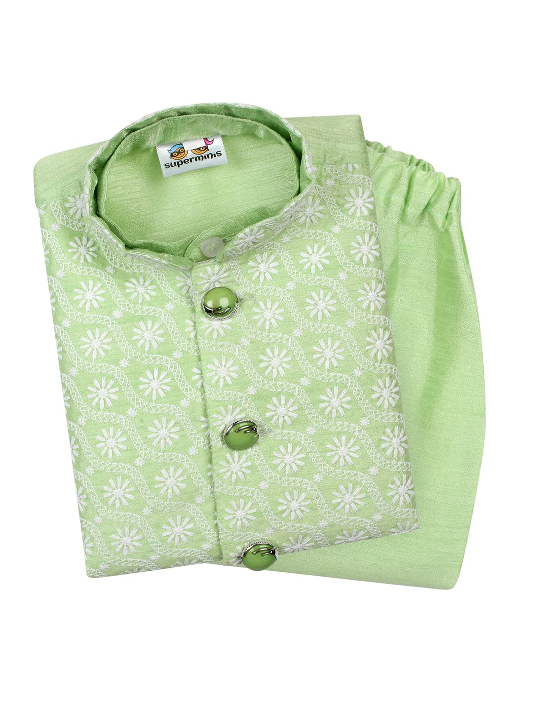 superminisBaby Boys Silk Printed Kurta Pyjama Set with Chikankari Nehru Jacket