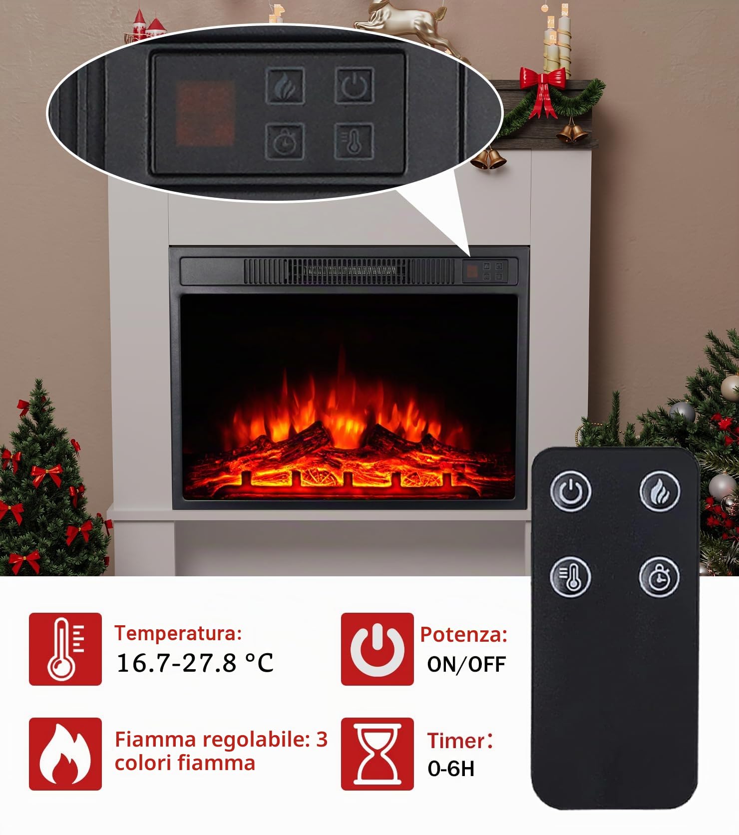 M.C.Haus Camino elettrico da 58 cm, da incasso, indipendente, 1800 W, con 3 colori di fiamma e 3 livelli di luminosità, protezione da surriscaldamento, effetto realistico