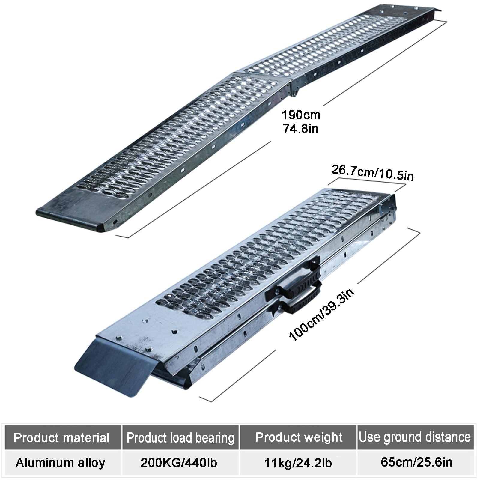 Aluminium Chargement Rampes Pour Ramassage Camions, 6,2 Pieds Moto Rampe 440 LBS Capacité, Camion Vélos VTT Trottinettes Rampes(Silver-190cm,1pcs)