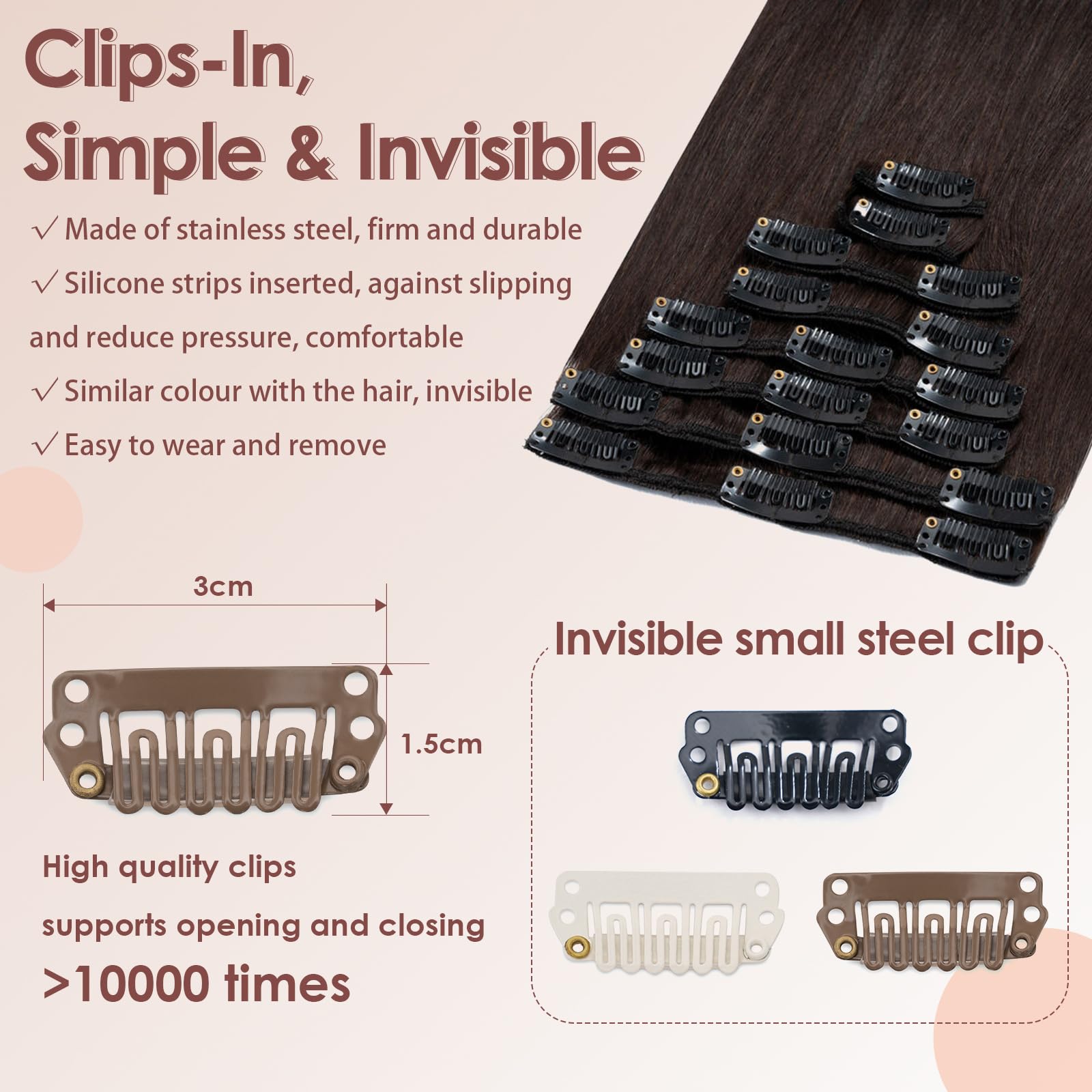 Benehair Human Hair Clip in Extensions #2 Dark Brown Real Remy Hair Extensions Clip in Long Double Weft Straight Hairpieces for Full Head Seamless 8 Pcs Set including 18 Clips 10 Inch (50 g) - Image 3