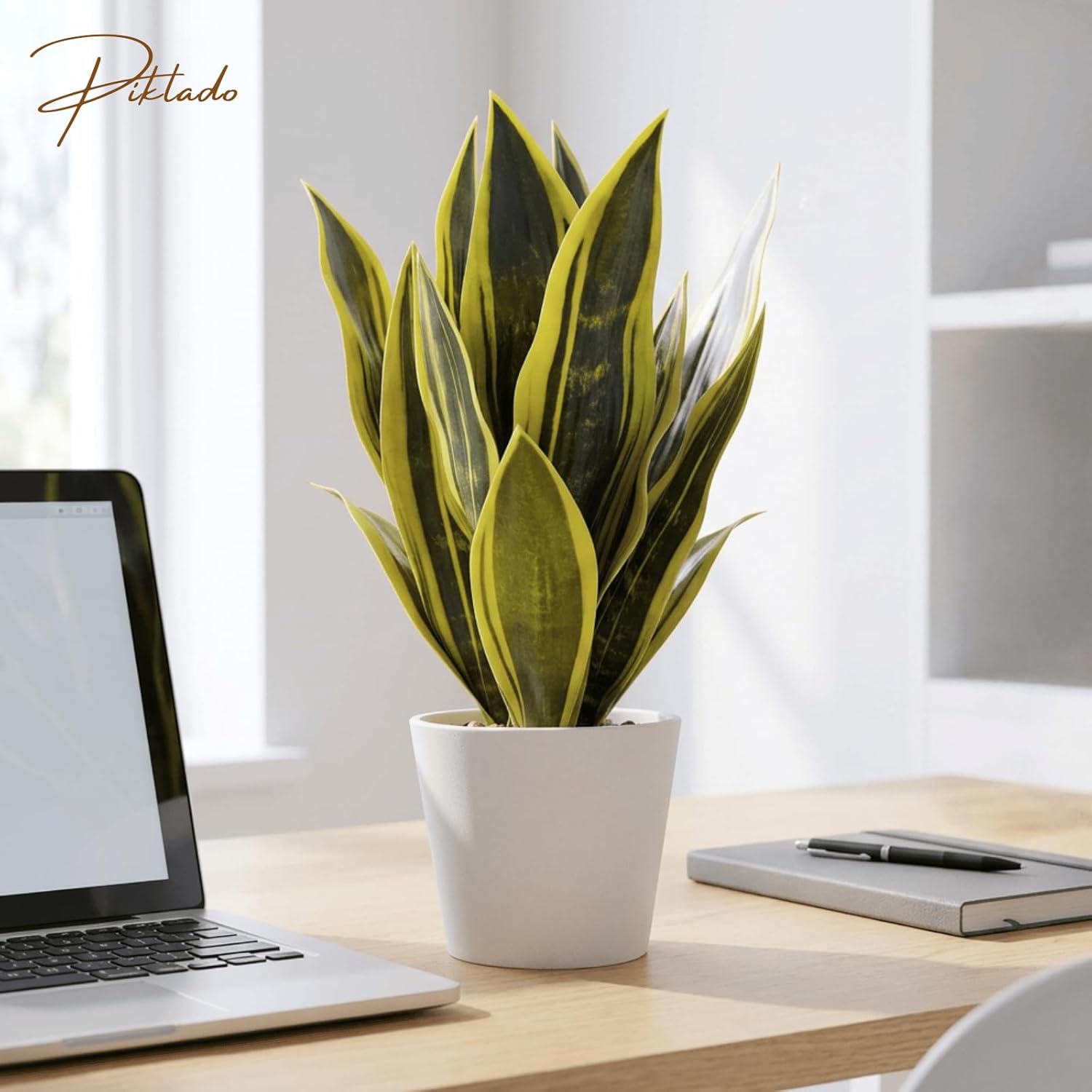 Artificial Snake Plants in White Pot, 15.5'' Sansevieria Potted Plant, Modern Fake Greenery for Desk, Indoor Decoration for Office, Bathroom Home Decor (Green & Yellow -1)