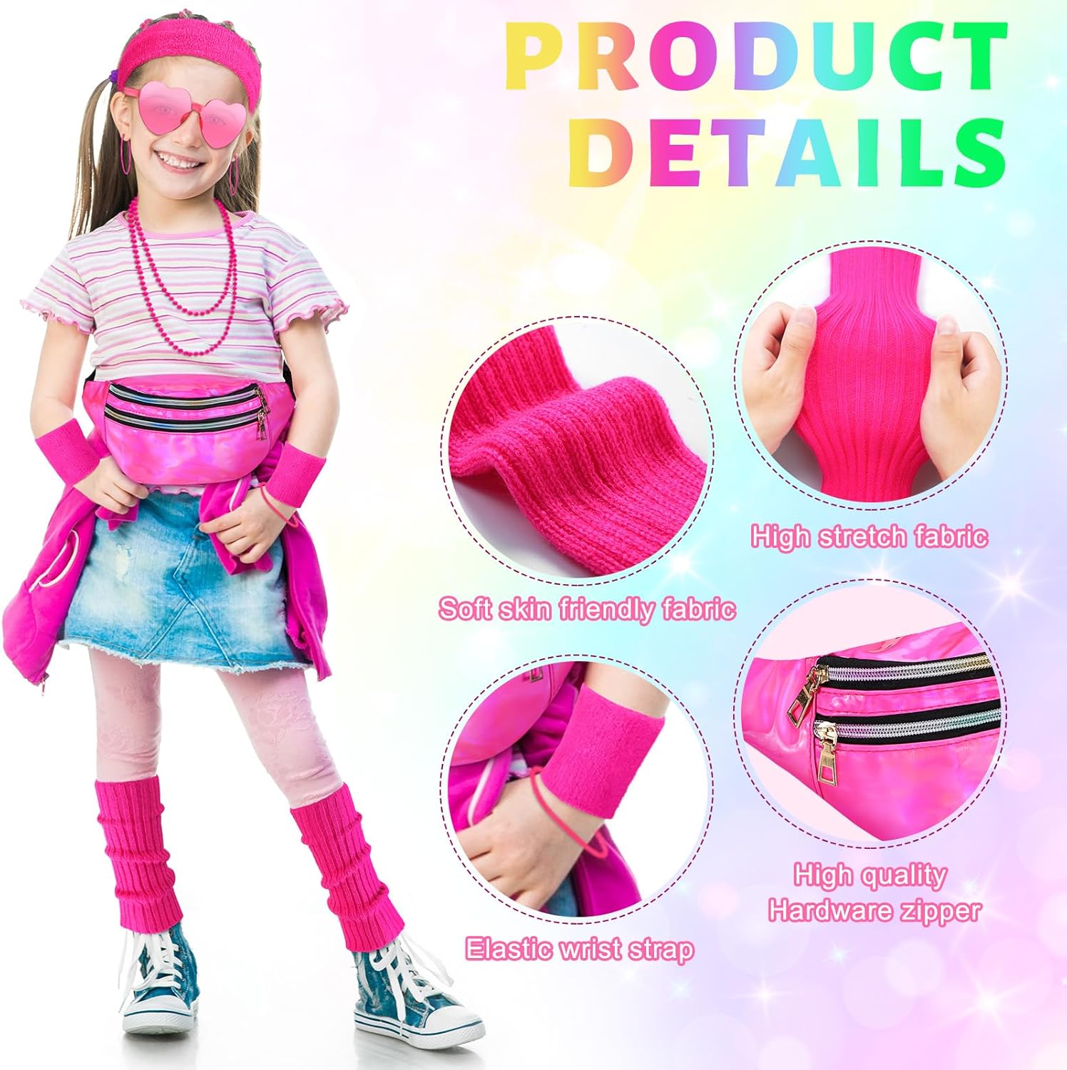 Vabean 17 Pcs Kids 80s Costume Accessories Set Halloween Girls Cosplay 1980s Retro Party Outfits Holographic Fanny Pack Ribbed Leg Warmers Headband Wristbands Glasses Necklace Earrings Bracelet - Image 3