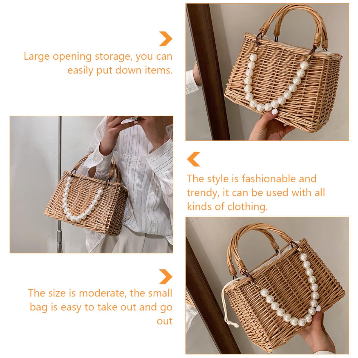 Bolso de Paja Perlas, Asa Superior, para Mujer de Playa