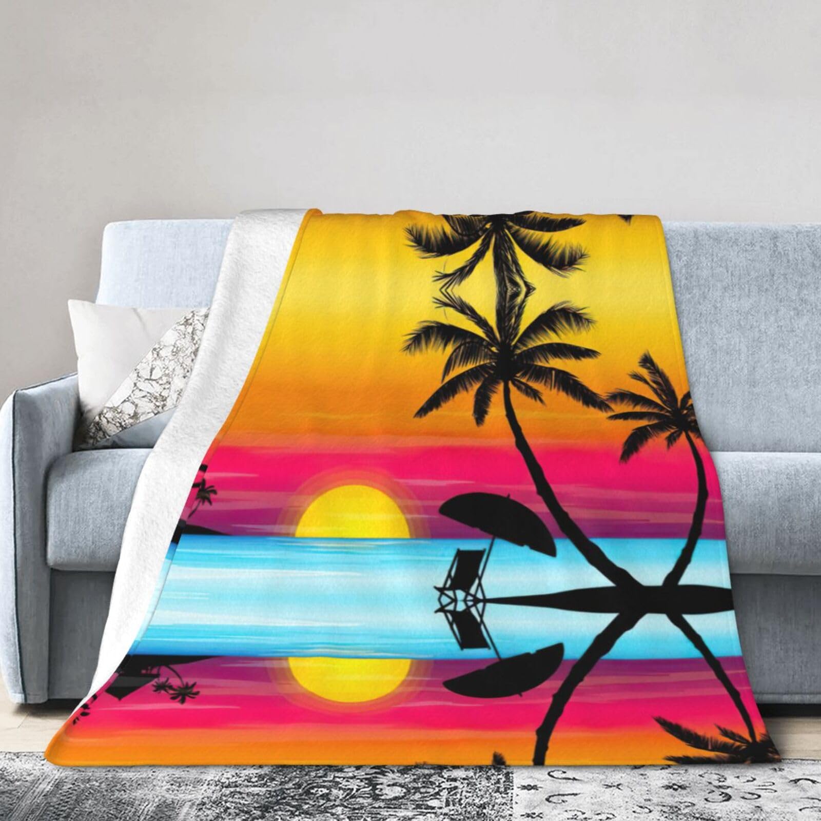 Uusnwaa Soft Cosy Fleece Warm Throw Sunset Palm Tree Print Blanket